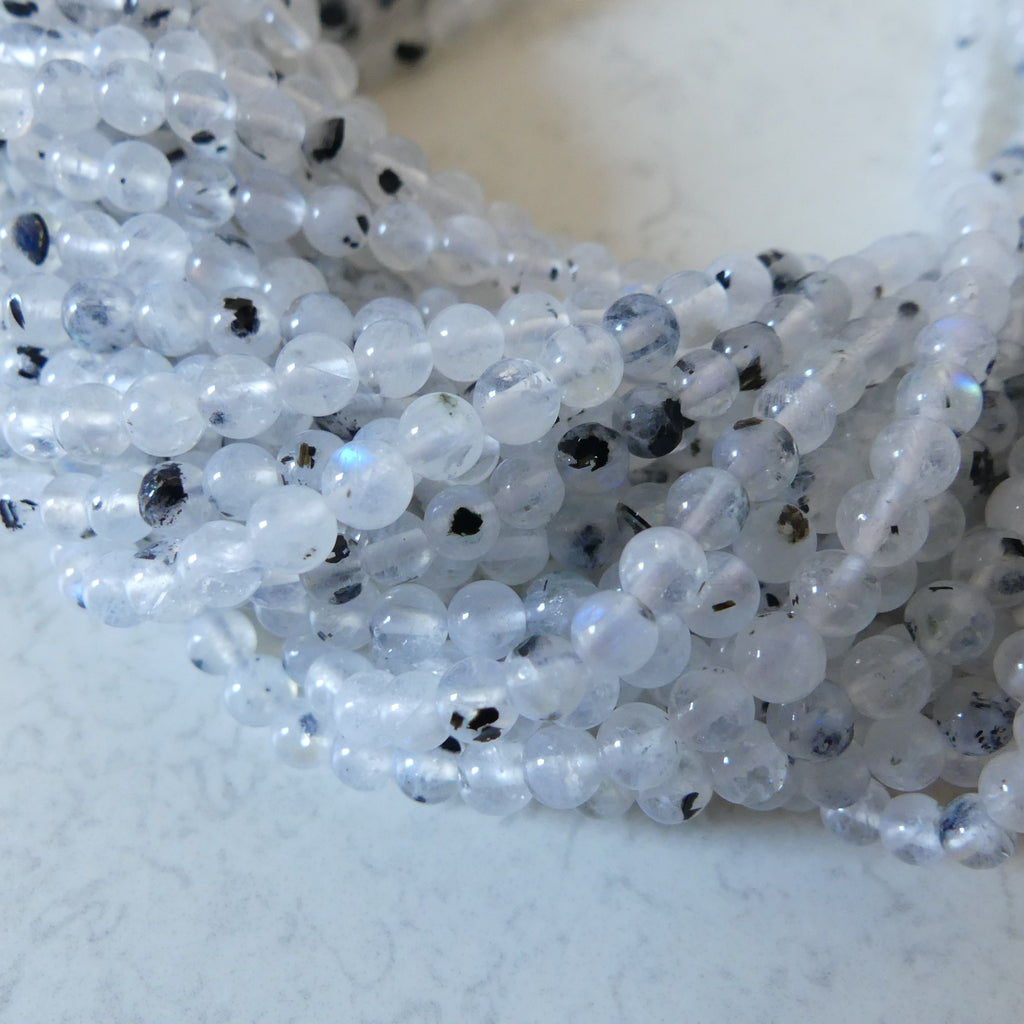 4mm Rainbow Moonstone Beads With Black Tourmaline 15" Smooth Gemstone Beads Beading Crafter Gift June Birthstone DIY Jewelry