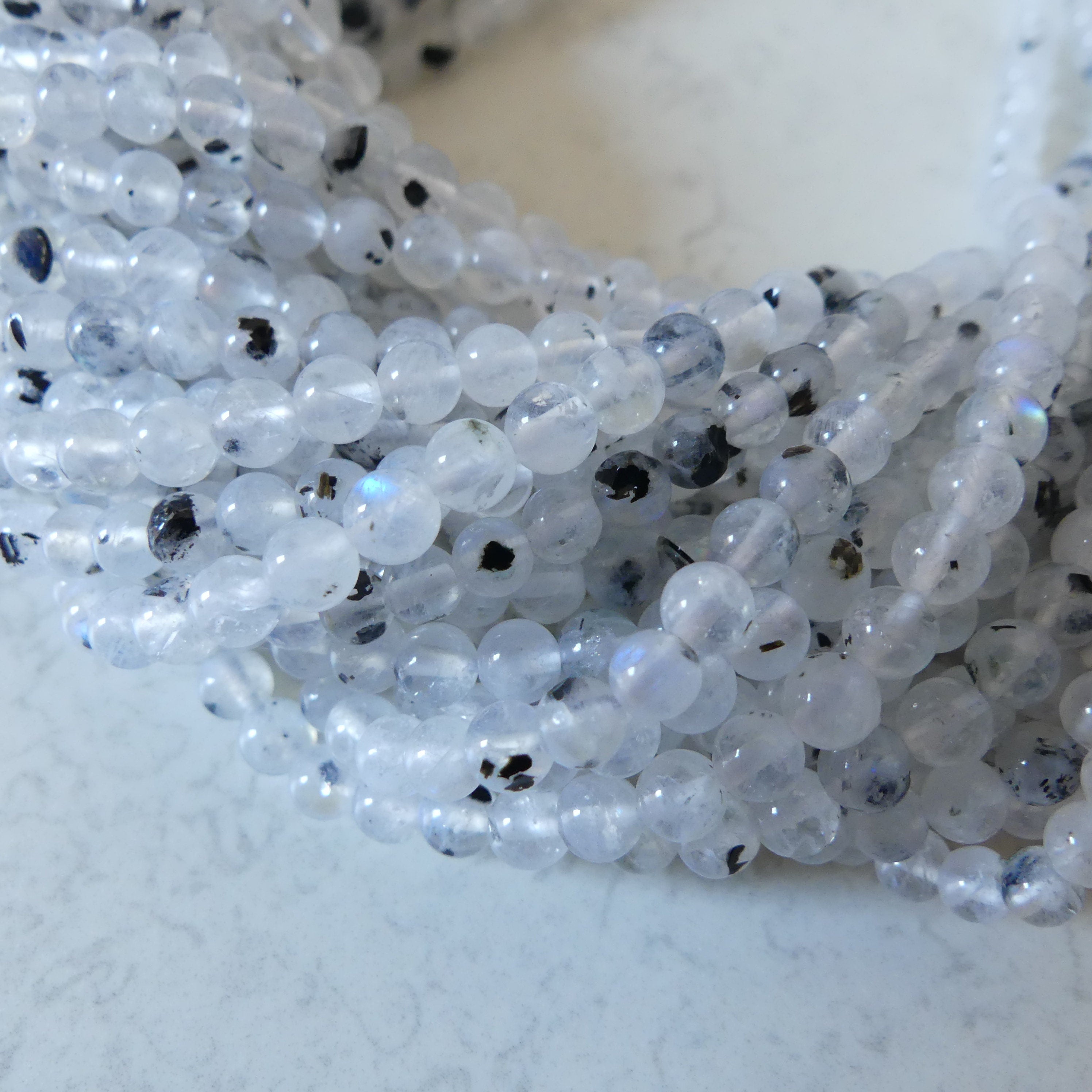 4mm Rainbow Moonstone Beads With Black Tourmaline 15" Smooth Gemstone Beads Beading Crafter Gift June Birthstone DIY Jewelry