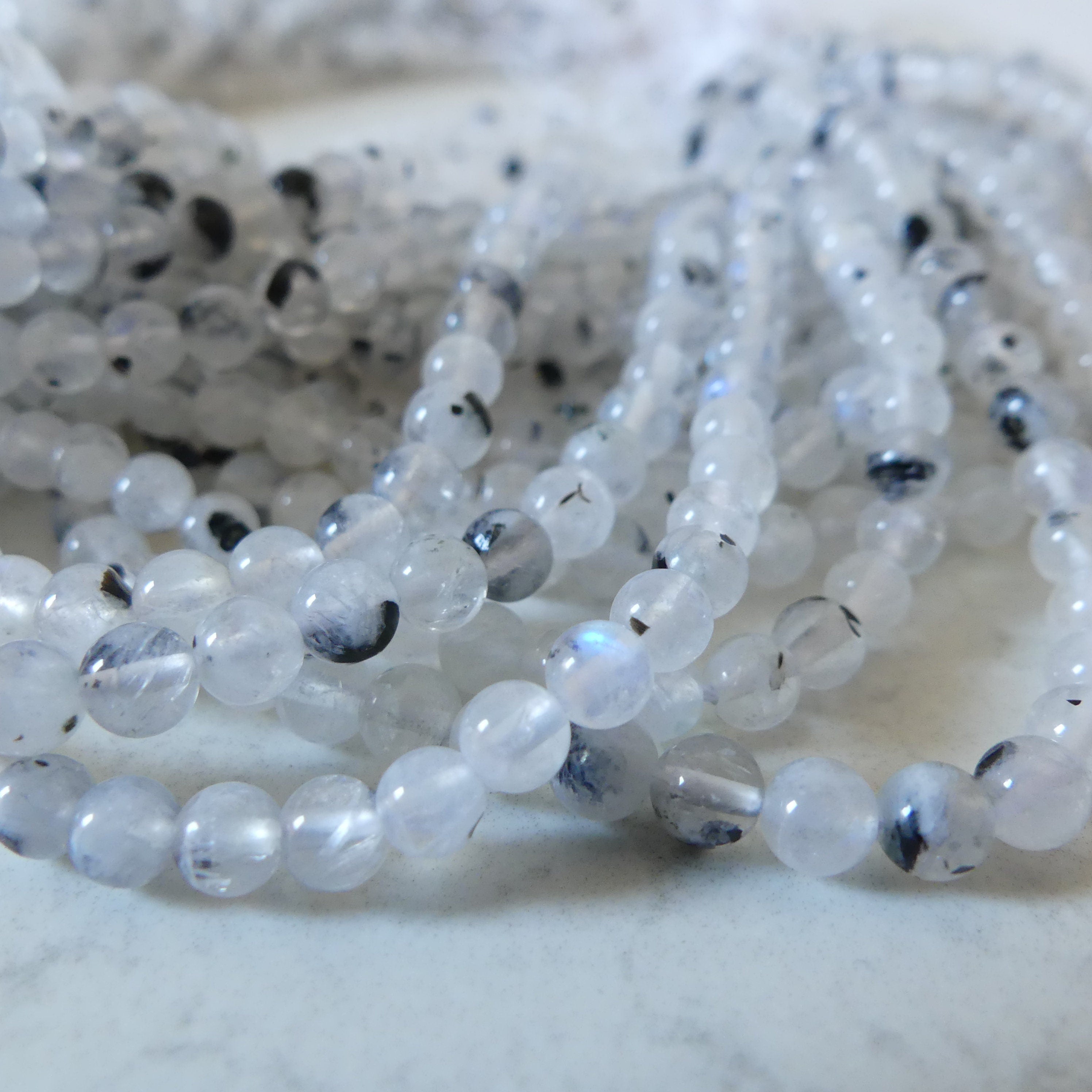 4mm Rainbow Moonstone Beads With Black Tourmaline 15" Smooth Gemstone Beads Beading Crafter Gift June Birthstone DIY Jewelry