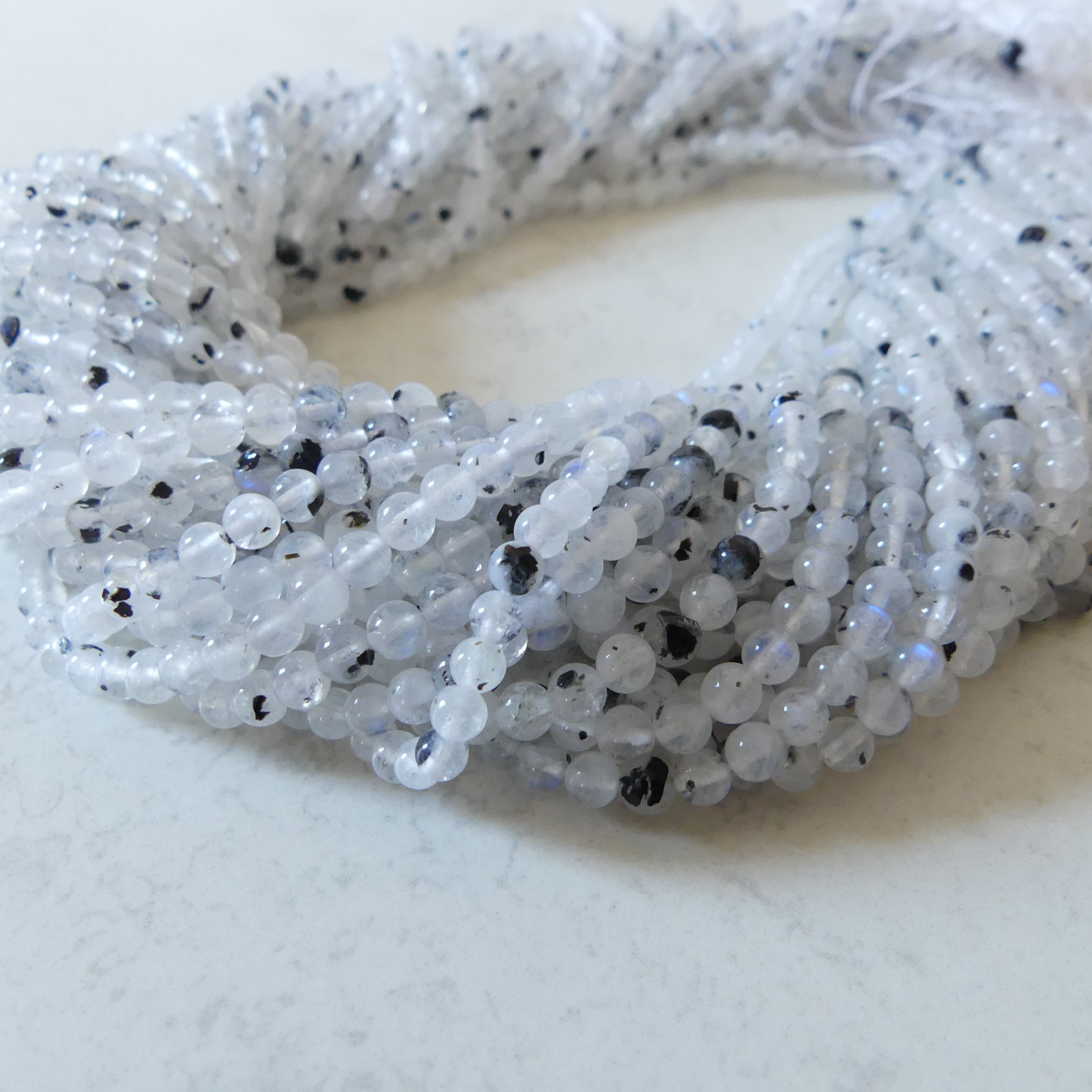 4mm Rainbow Moonstone Beads With Black Tourmaline 15" Smooth Gemstone Beads Beading Crafter Gift June Birthstone DIY Jewelry