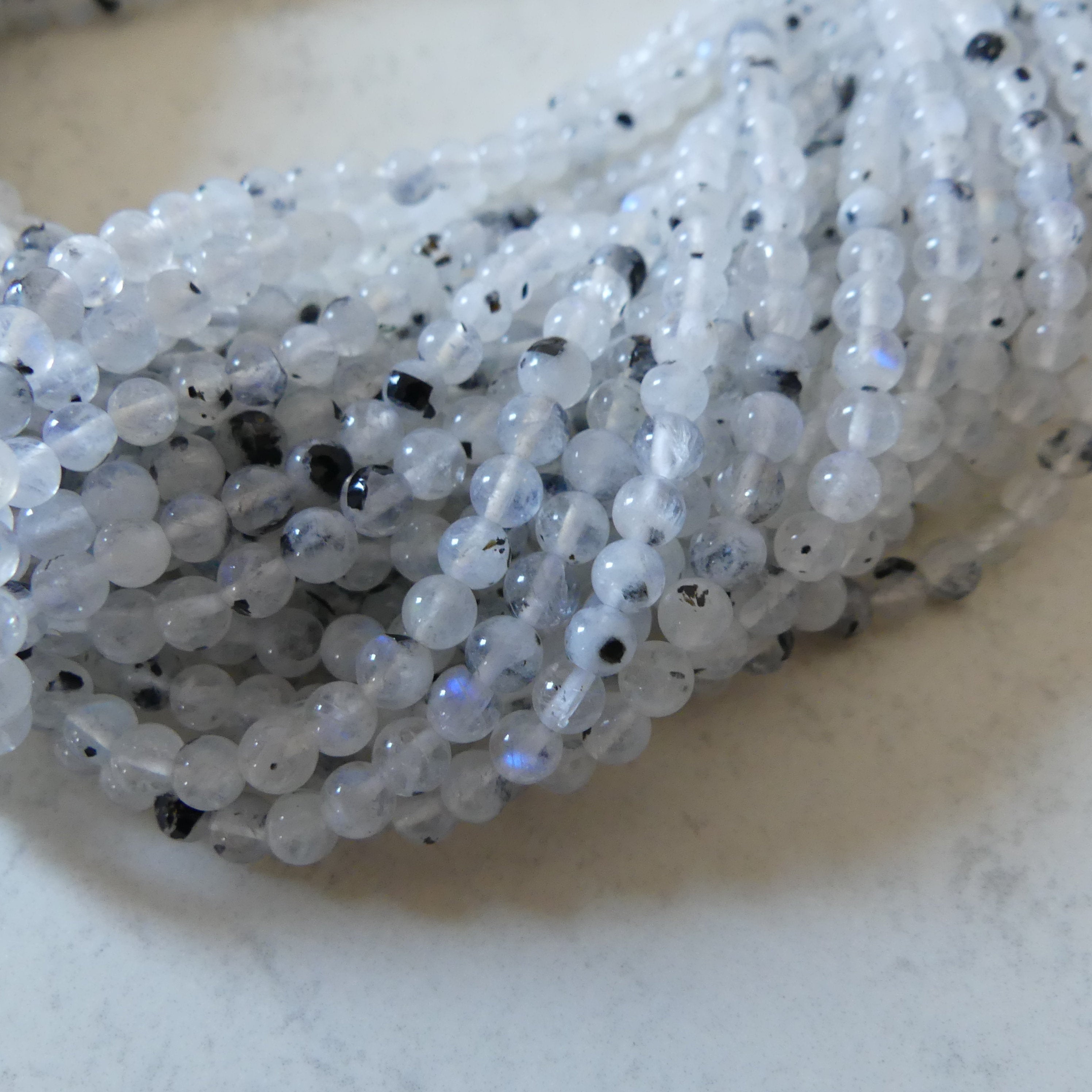 4mm Rainbow Moonstone Beads With Black Tourmaline 15" Smooth Gemstone Beads Beading Crafter Gift June Birthstone DIY Jewelry
