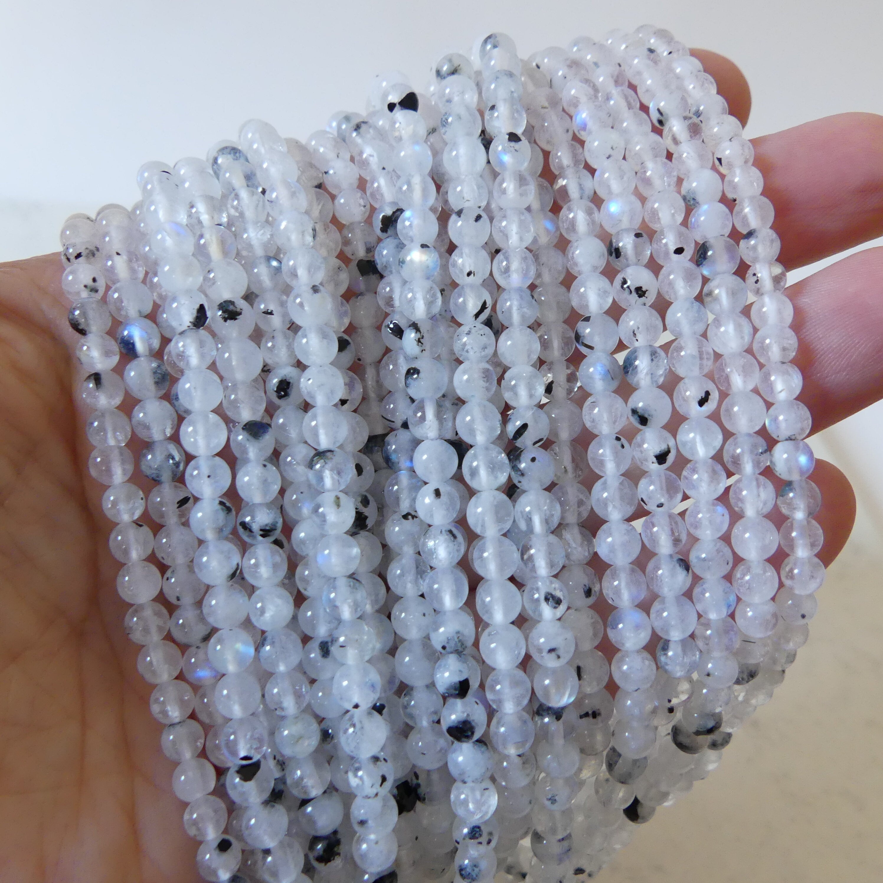 4mm Rainbow Moonstone Beads With Black Tourmaline 15" Smooth Gemstone Beads Beading Crafter Gift June Birthstone DIY Jewelry