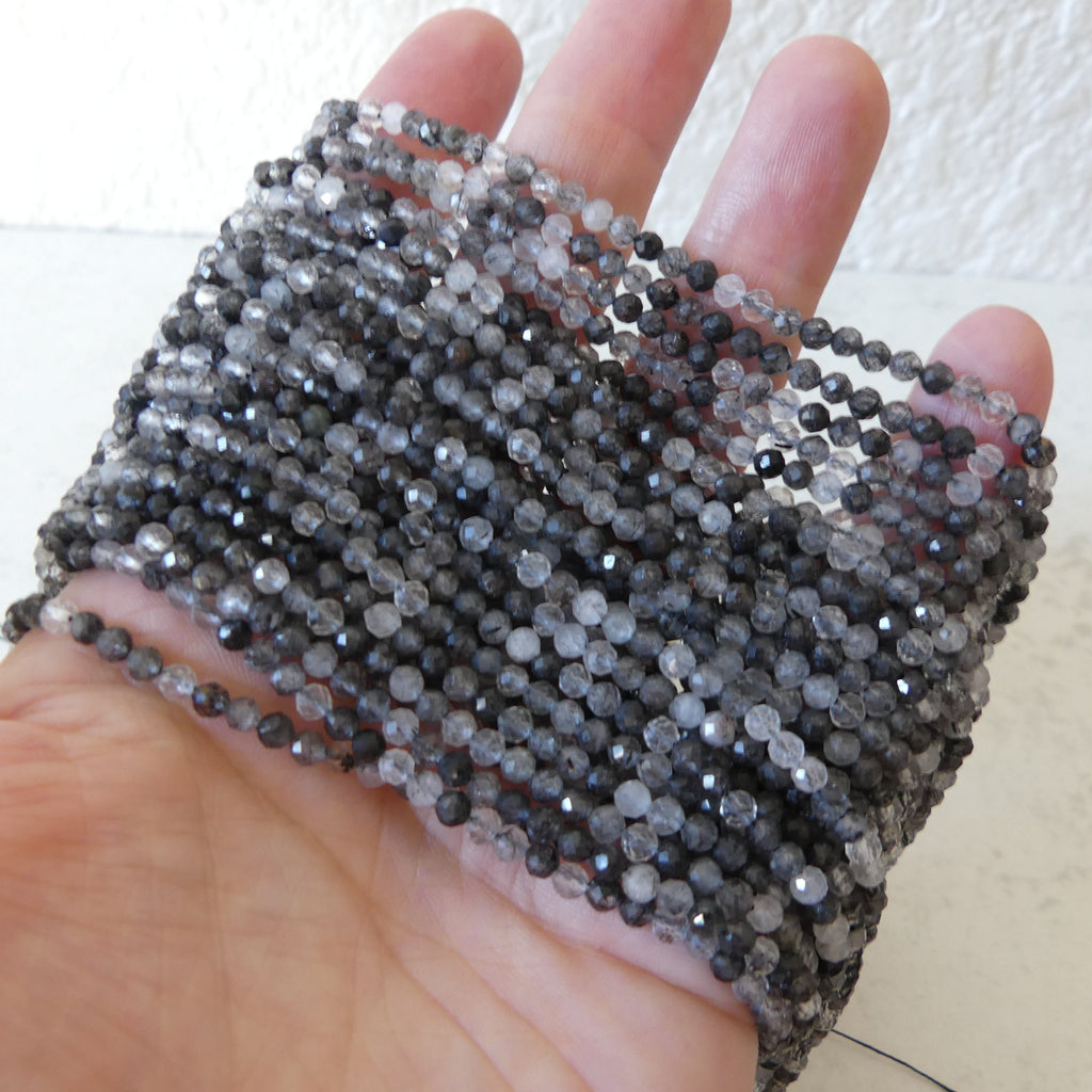 3mm Black Rutilated Quartz Faceted Beads Genuine Turmalinated Quartz Beads 15" Sparkly Gemstone Beads for Jewelry Making