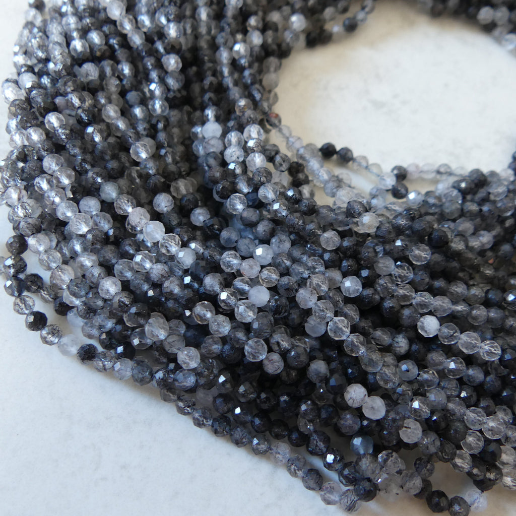 3mm Black Rutilated Quartz Faceted Beads Genuine Turmalinated Quartz Beads 15" Sparkly Gemstone Beads for Jewelry Making