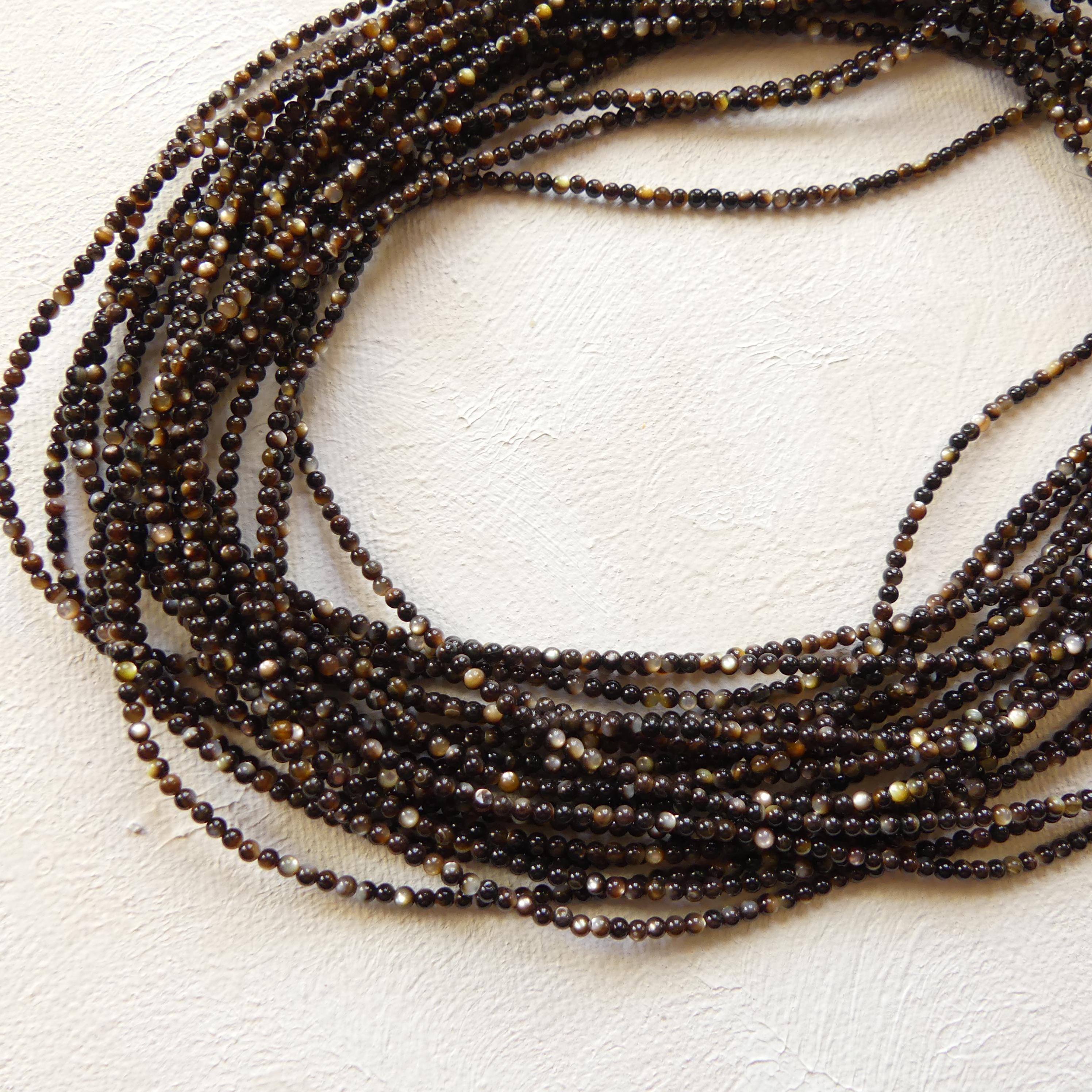 2mm Natural Black Mother of Pearl Beads Smooth MOP Genuine Shell Beads 15" Gemstone Jewelry Making Gift for crafter