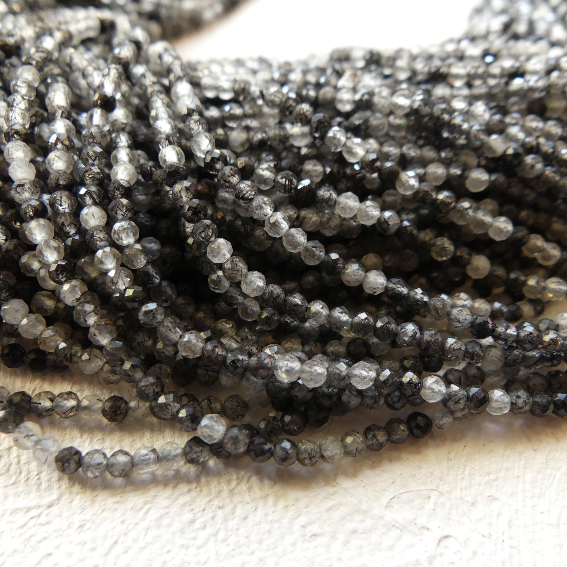 2mm Black Rutilated Quartz Faceted Beads Genuine Turmalinated Quartz Beads 15" Sparkly Gemstone Beads for Jewelry Making