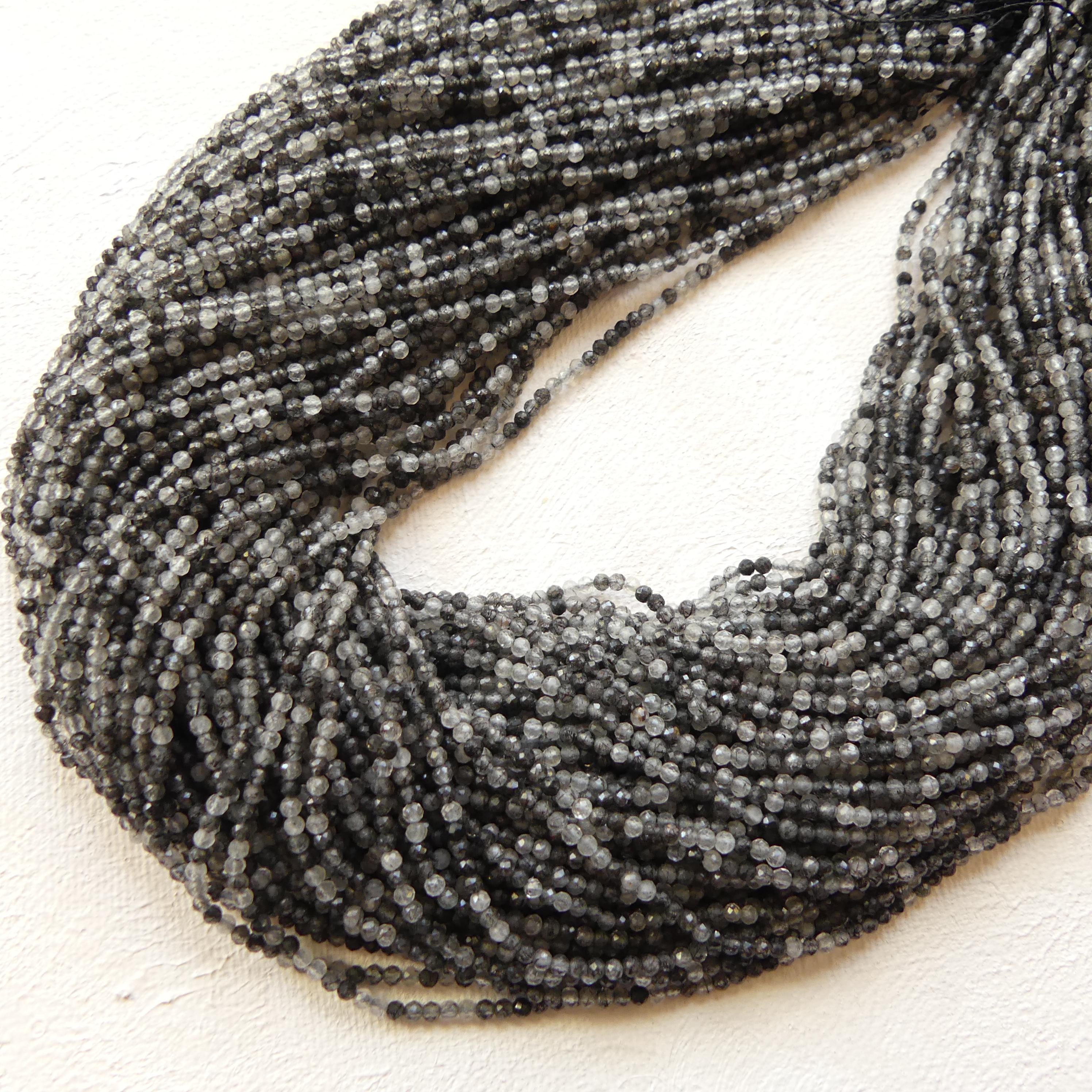 2mm Black Rutilated Quartz Faceted Beads Genuine Turmalinated Quartz Beads 15" Sparkly Gemstone Beads for Jewelry Making