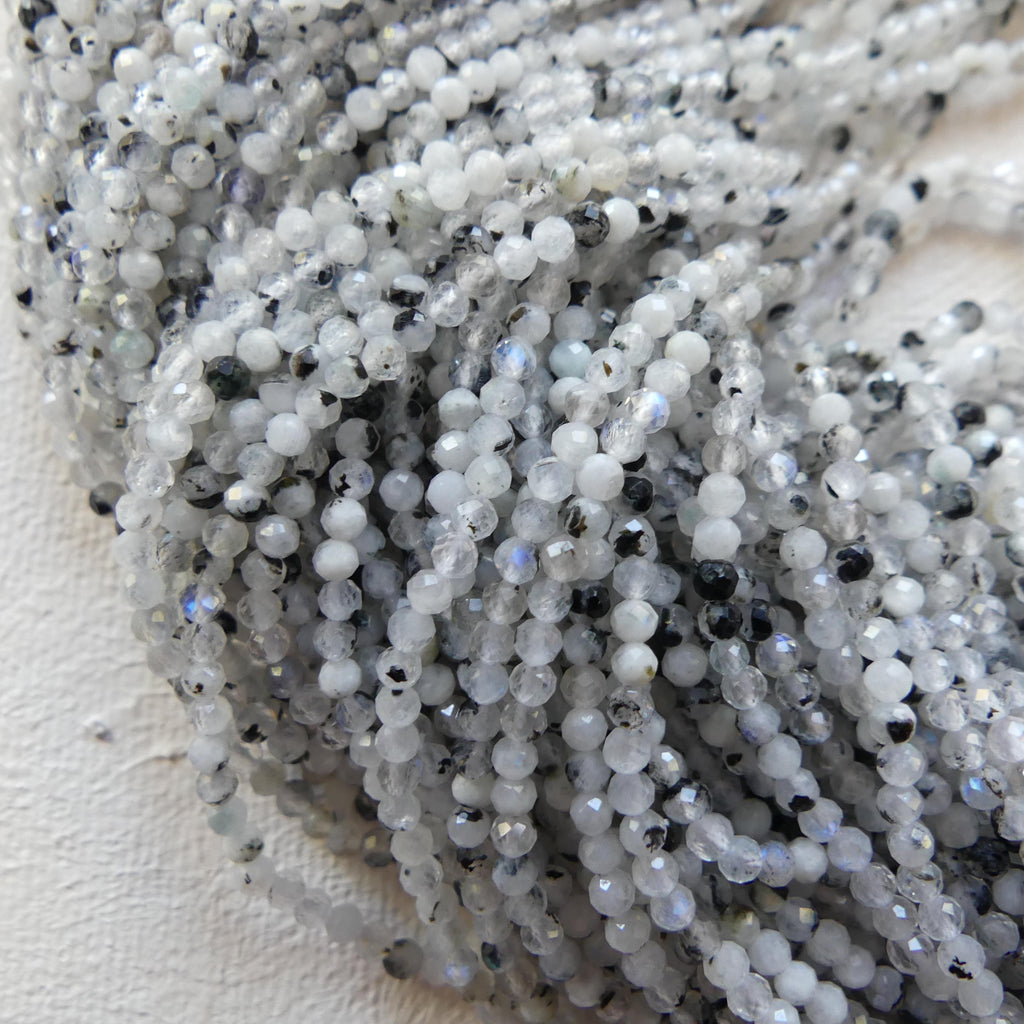 2.5mm Rainbow Moonstone Beads With Black Tourmaline 15" Micro Faceted Gemstone Beads Beading Crafter Gift June Birthstone DIY Jewelry