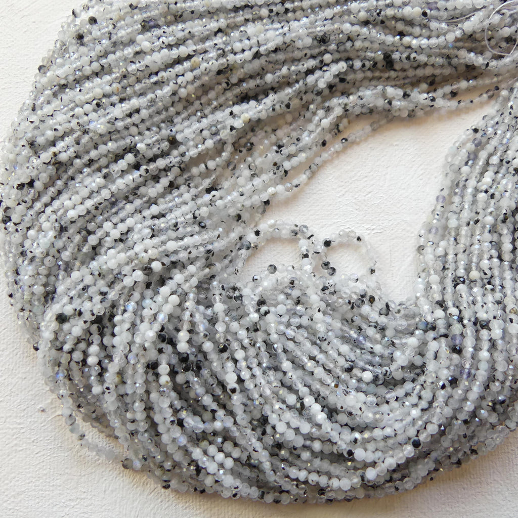 2.5mm Rainbow Moonstone Beads With Black Tourmaline 15" Micro Faceted Gemstone Beads Beading Crafter Gift June Birthstone DIY Jewelry
