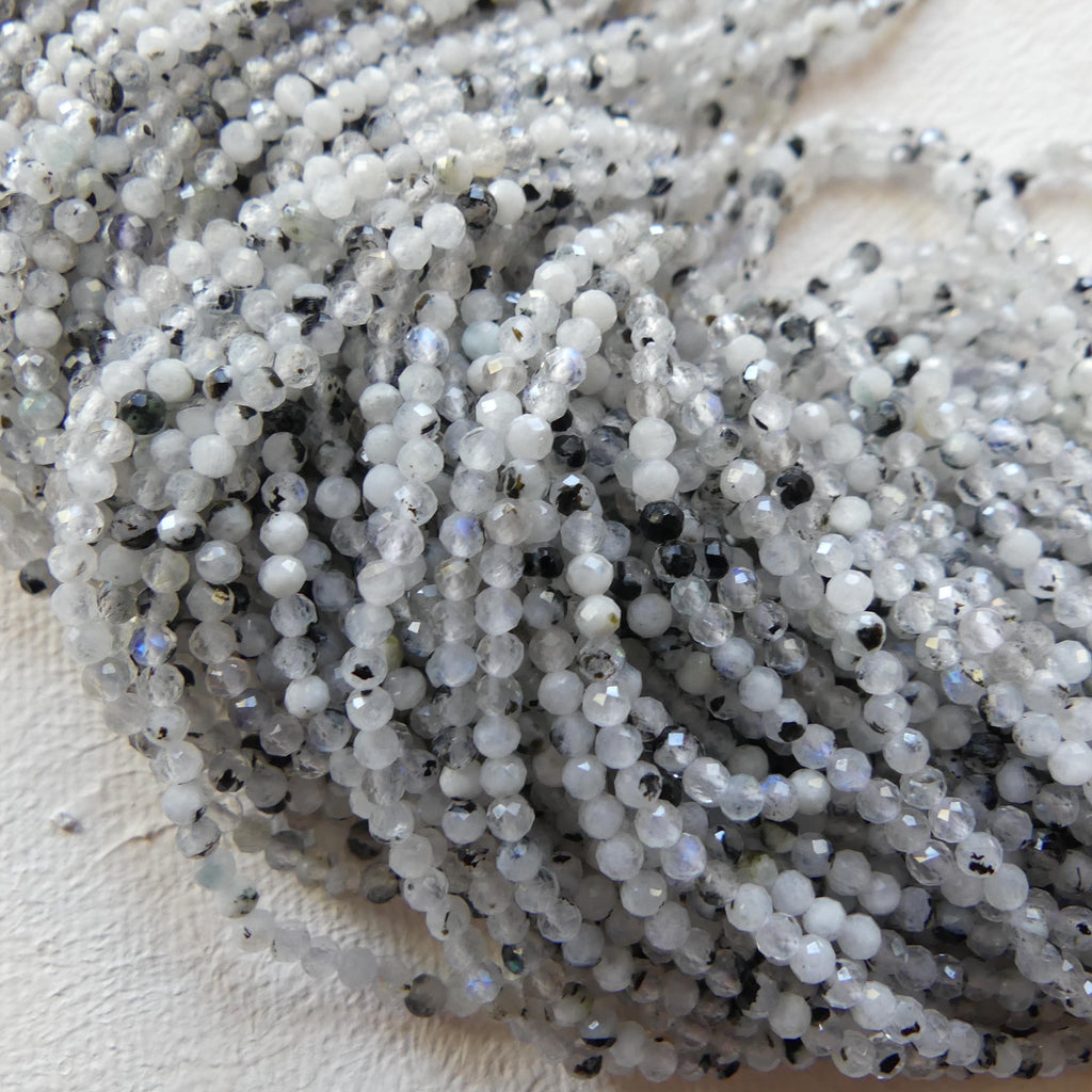 2.5mm Rainbow Moonstone Beads With Black Tourmaline 15" Micro Faceted Gemstone Beads Beading Crafter Gift June Birthstone DIY Jewelry