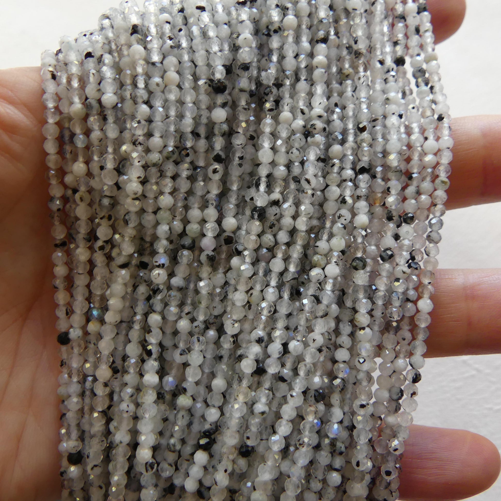 2.5mm Rainbow Moonstone Beads With Black Tourmaline 15" Micro Faceted Gemstone Beads Beading Crafter Gift June Birthstone DIY Jewelry