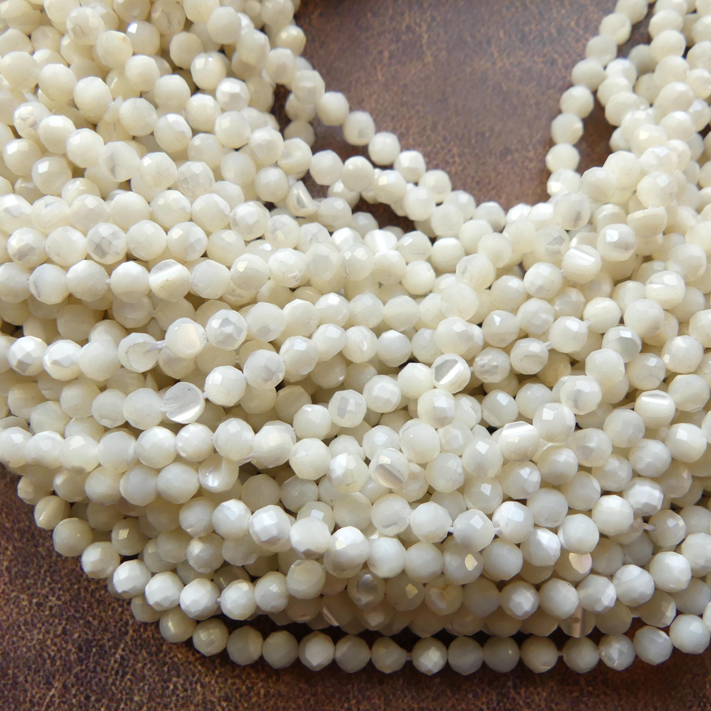 4mm Natural Mother of Pearl Beads Faceted MOP Genuine Shell Beads 15" Gemstone Jewelry Making Gift for crafter
