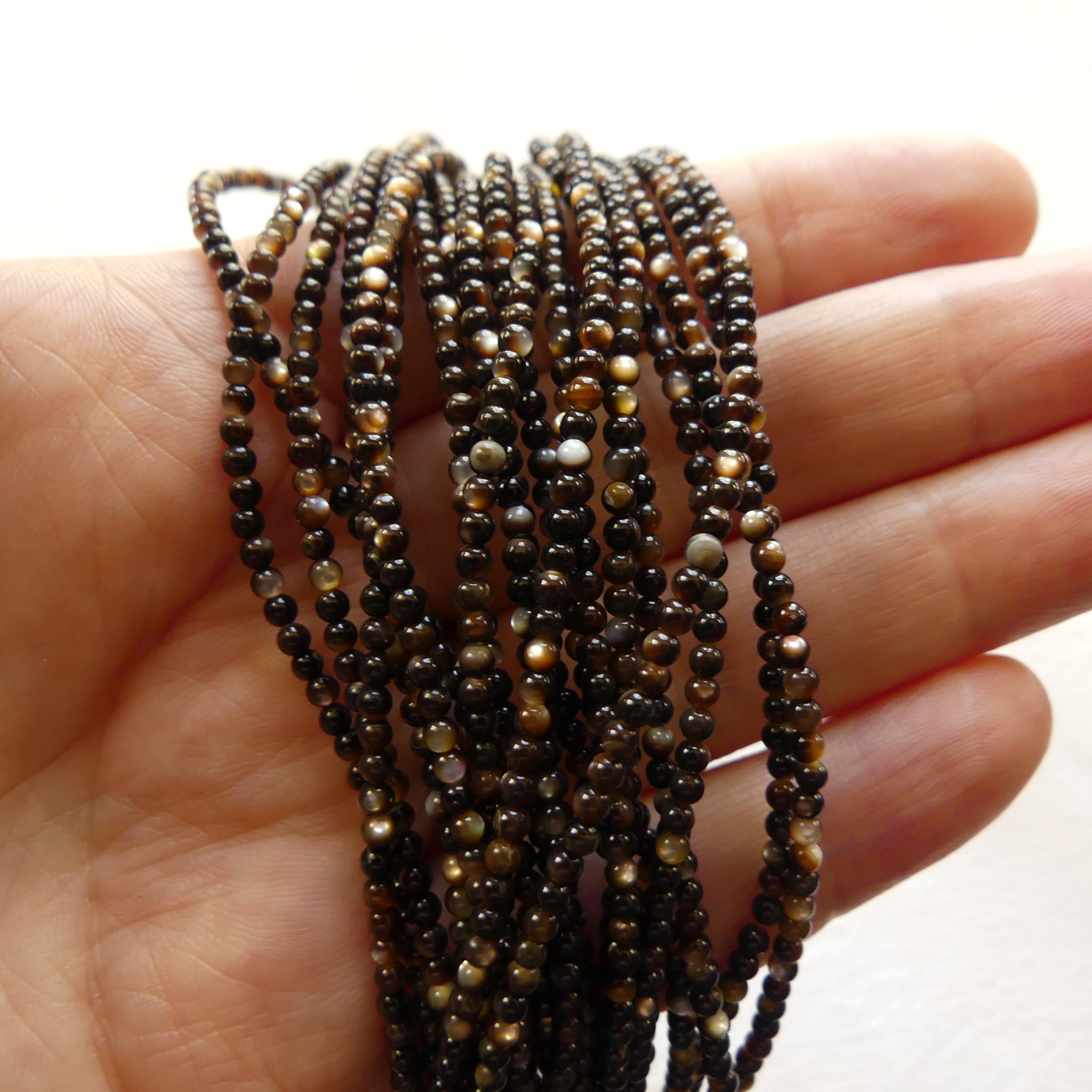 2mm Natural Black Mother of Pearl Beads Smooth MOP Genuine Shell Beads 15" Gemstone Jewelry Making Gift for crafter