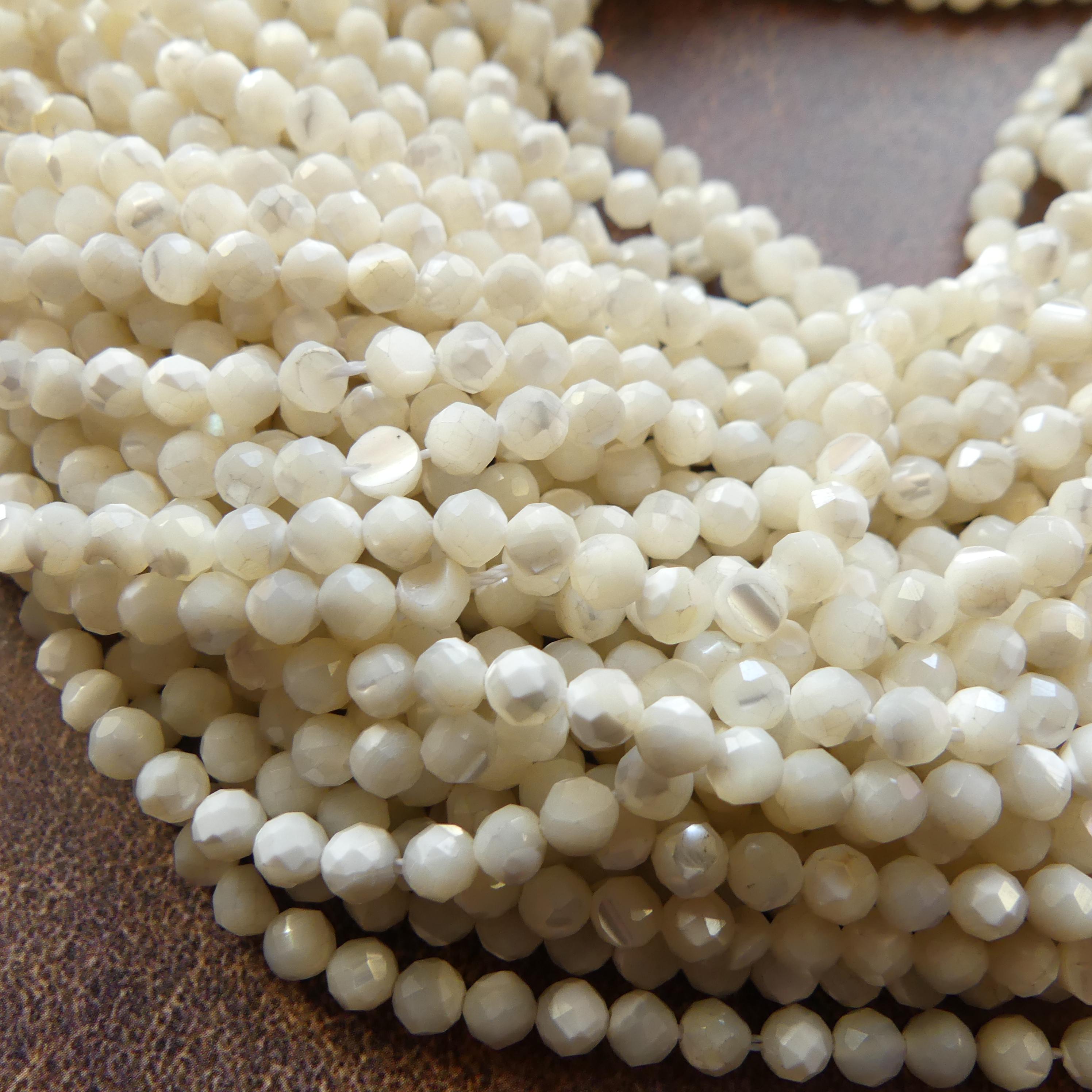 4mm Natural Mother of Pearl Beads Faceted MOP Genuine Shell Beads 15" Gemstone Jewelry Making Gift for crafter