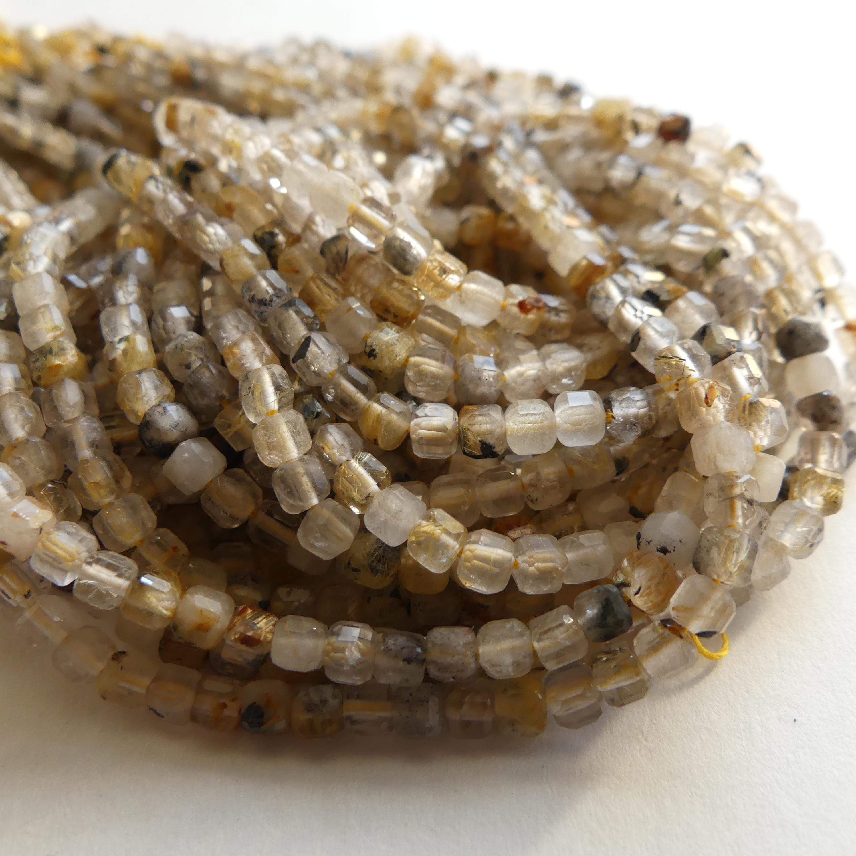 3mm Golden Rutilated Quartz Faceted Cube Beads Genuine Yellow Quartz Beads 15" Gemstone Beads for Jewelry Making
