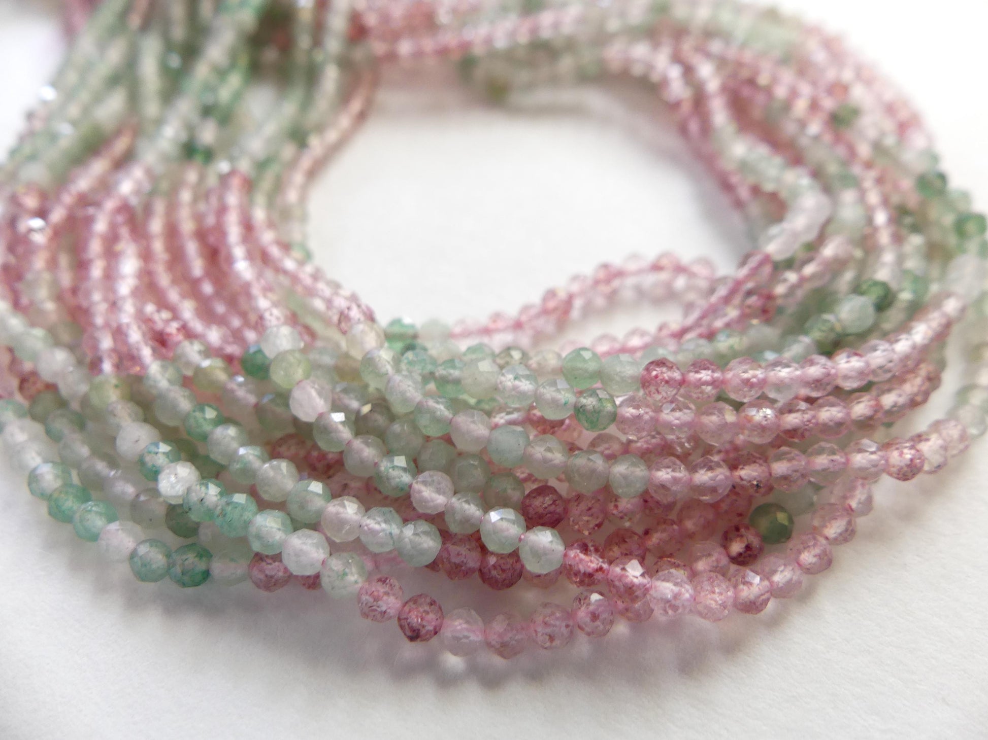 2.5mm Green Pink Strawberry Quartz Micro Faceted Rondel Beads Genuine Quartz Beads 15" Sparkly Gemstone Beads for Jewelry Making Seed Beads