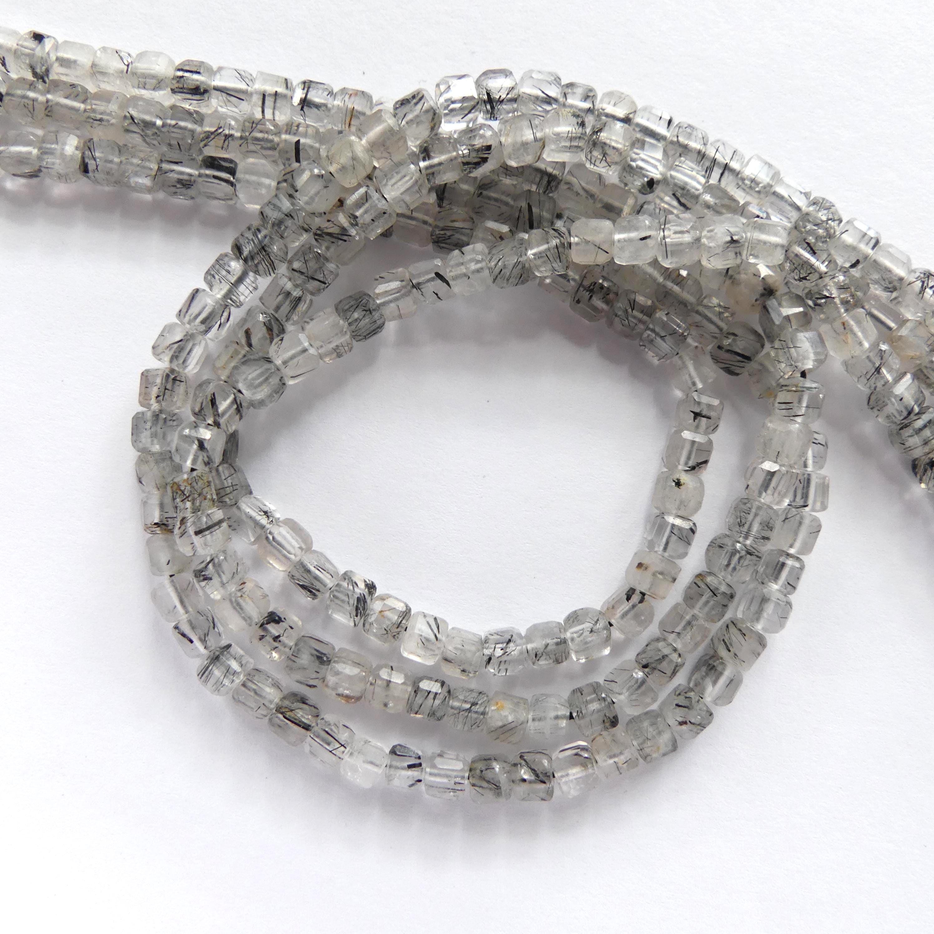 4mm Black Rutilated Quartz Cube Beads Genuine Turmalinated Quartz Beads 15" Sparkly Gemstone Beads for Jewelry Making