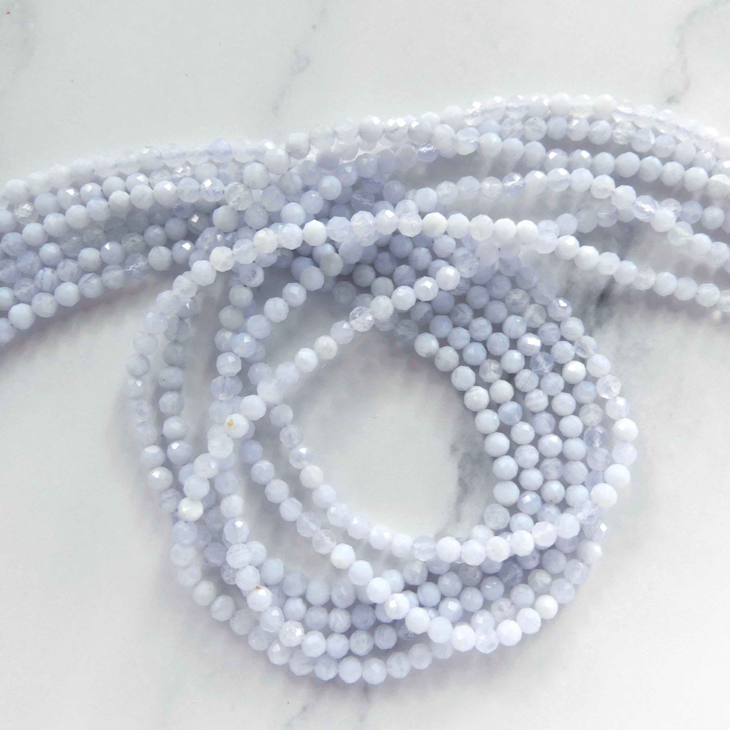 3mm Natural Blue Lace Agate Micro Faceted Beads 15" Pale Blue Genuine Gemstone Beads for Jewelry Making Beading Craft Gift