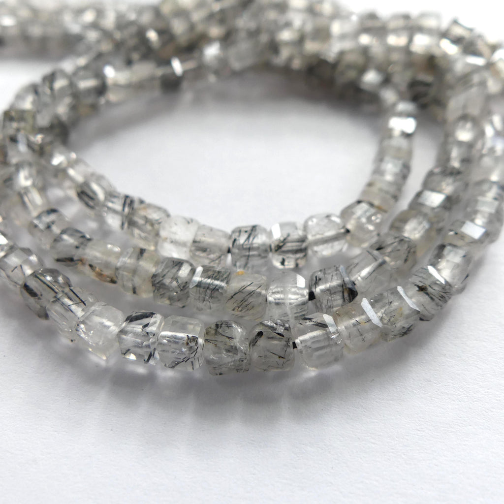 4mm Black Rutilated Quartz Cube Beads Genuine Turmalinated Quartz Beads 15" Sparkly Gemstone Beads for Jewelry Making
