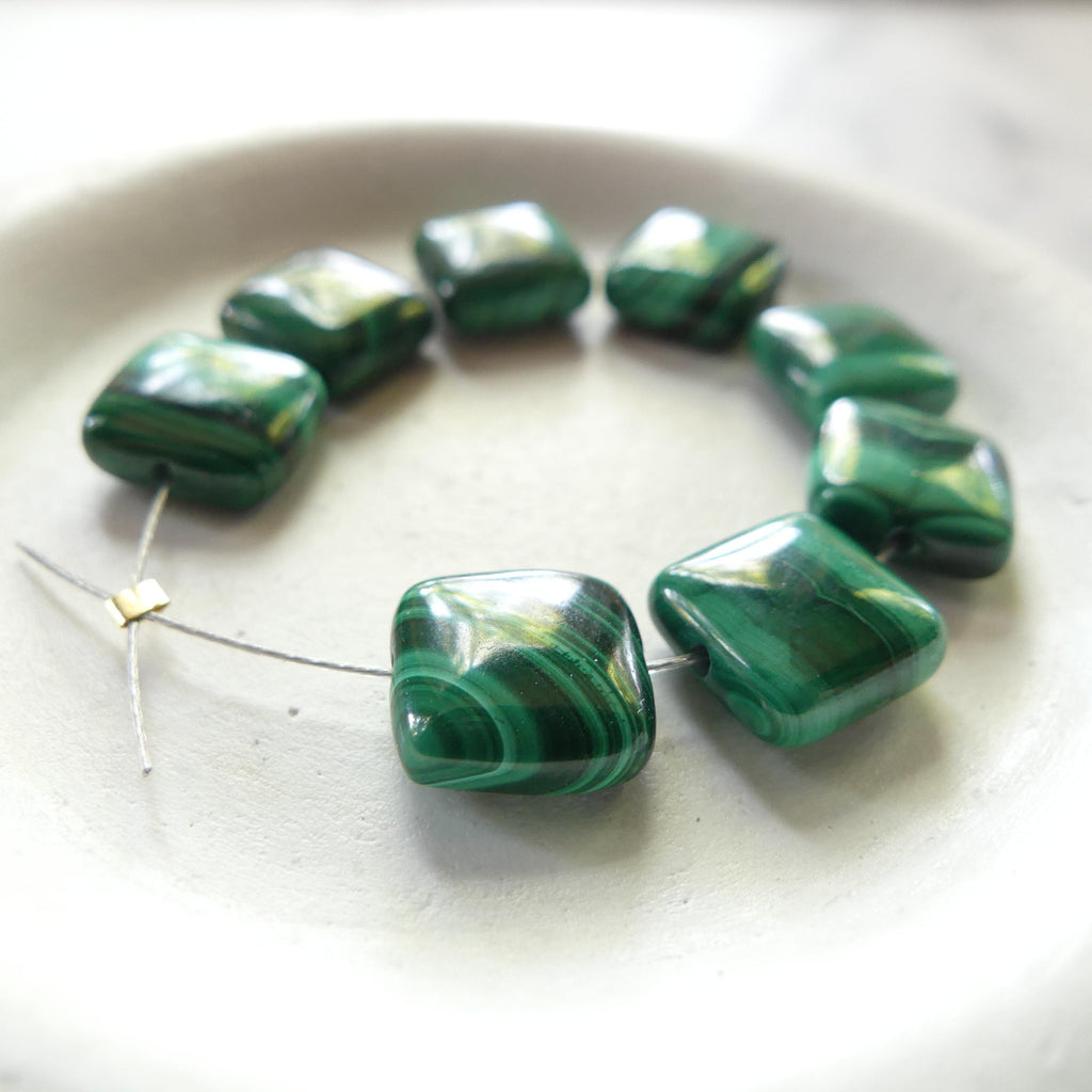 10mm Malachite Beads Flat Square Smooth 8pcs Vivid Green Malachite Gemstone Cushion Beads Jewelry Making DIY Earrings Beading Supply