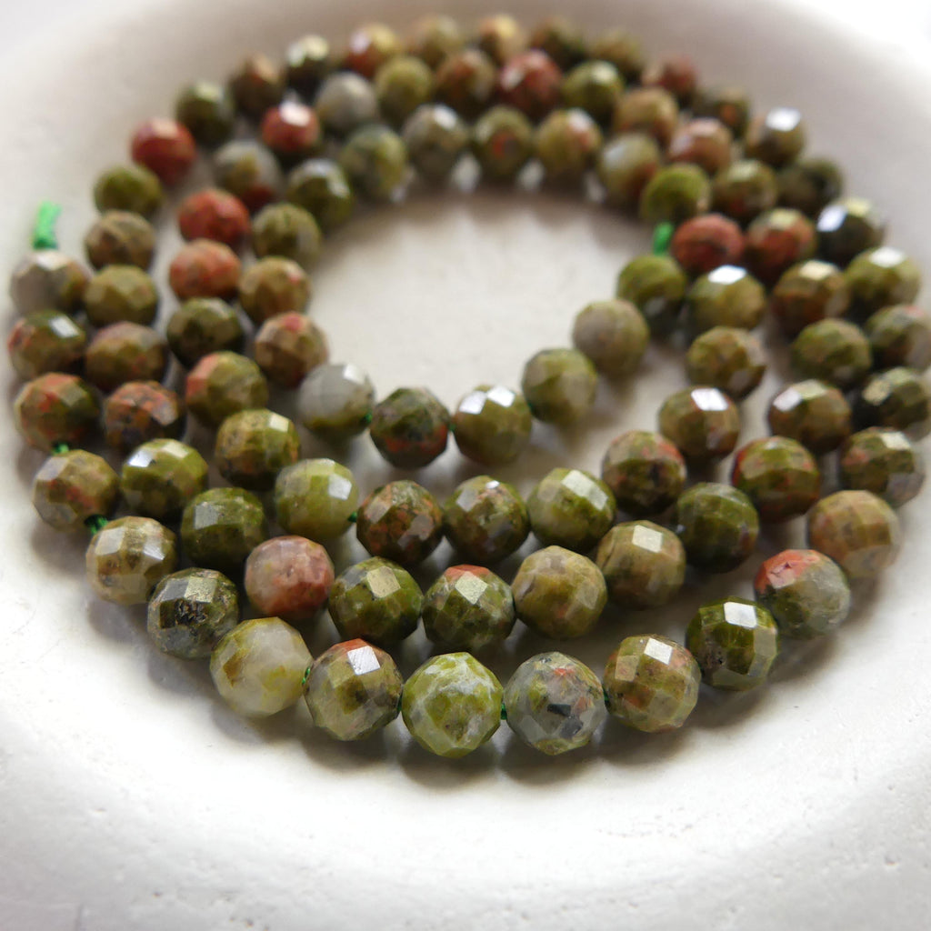 4mm Unakite Faceted Beads 15" Green Orange Genuine Gemstone Beads for Jewelry Making Beading Craft Gift DIY Jewelry