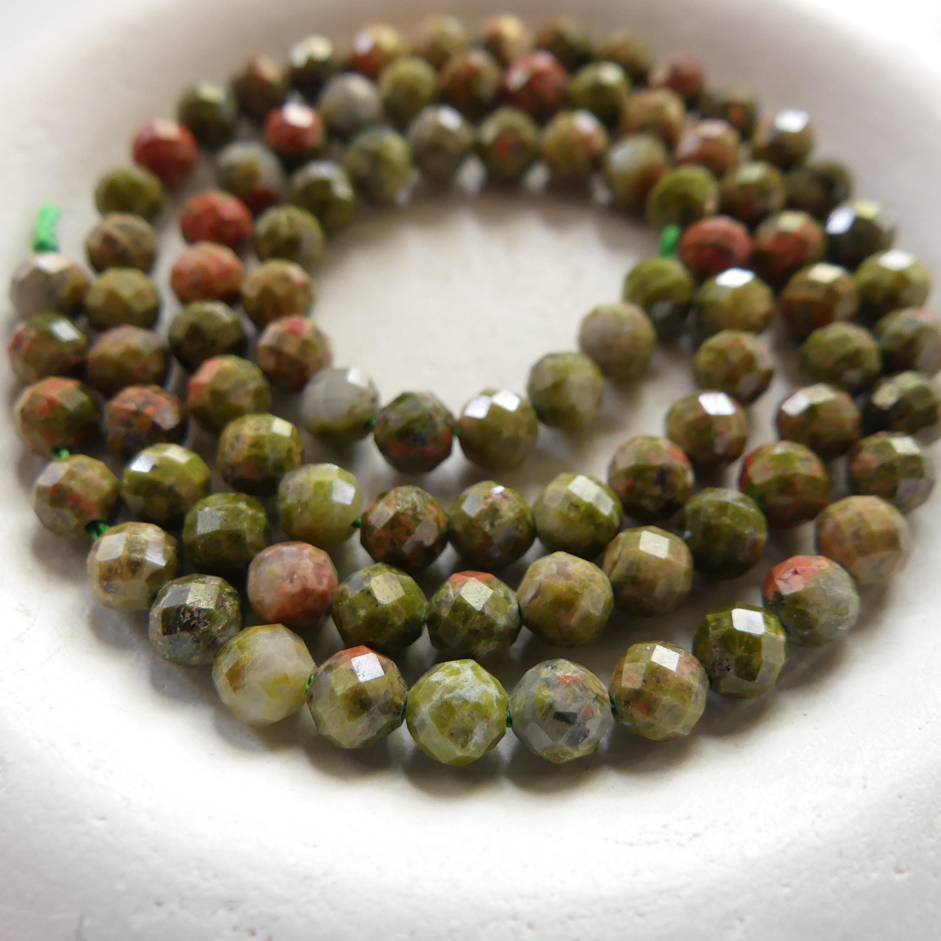 4mm Unakite Faceted Beads 15" Green Orange Genuine Gemstone Beads for Jewelry Making Beading Craft Gift DIY Jewelry