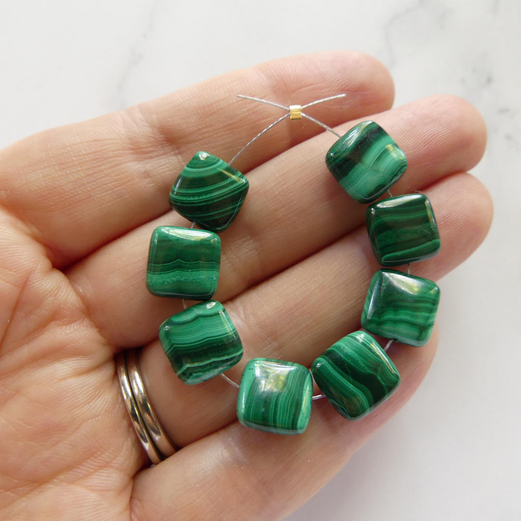 10mm Malachite Beads Flat Square Smooth 8pcs Vivid Green Malachite Gemstone Cushion Beads Jewelry Making DIY Earrings Beading Supply
