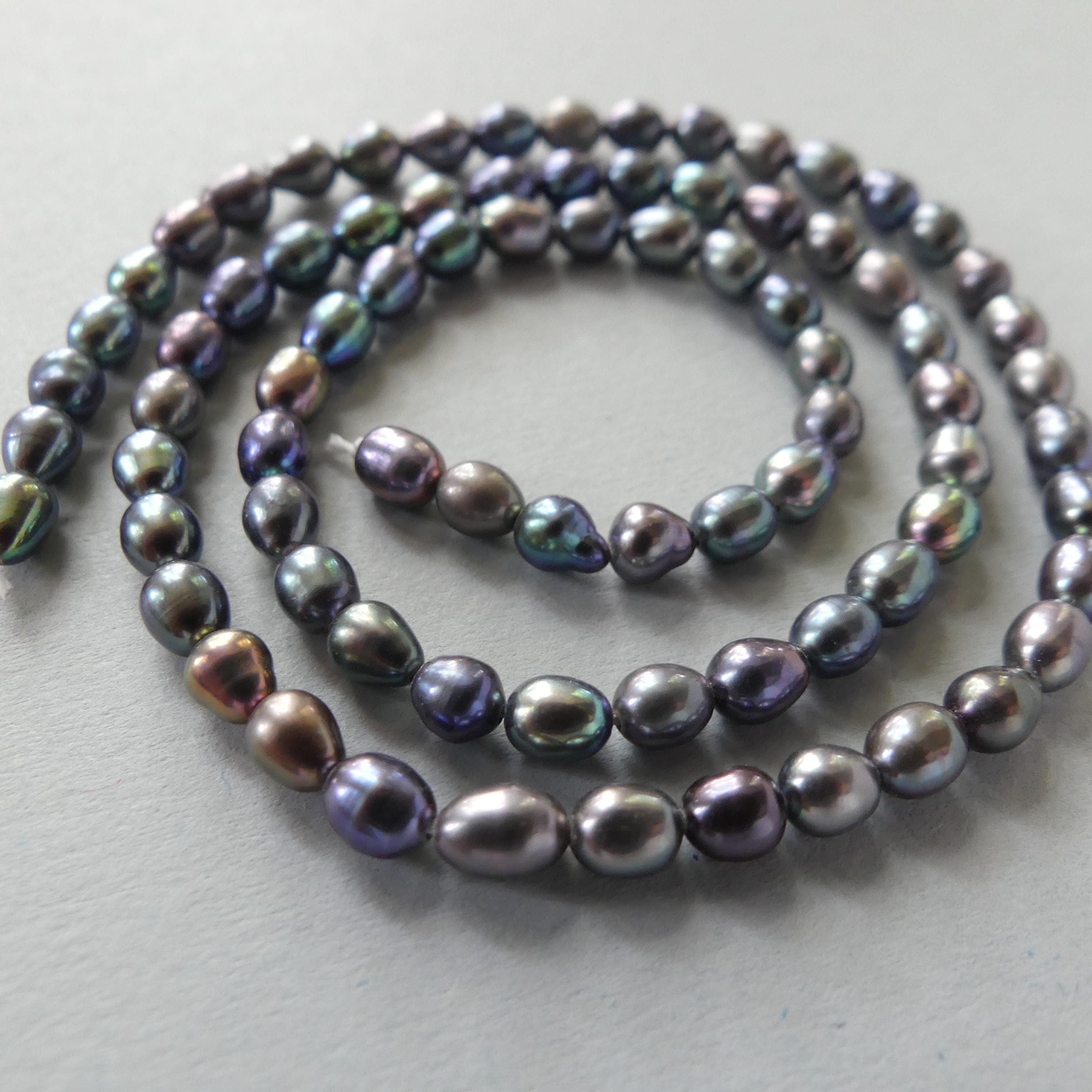 4mm Peacock Pearls Black Freshwater Pearl Beads Rice Shape Pearls 15" Beads Beading Crafter Gift June Birthstone DIY Jewelry