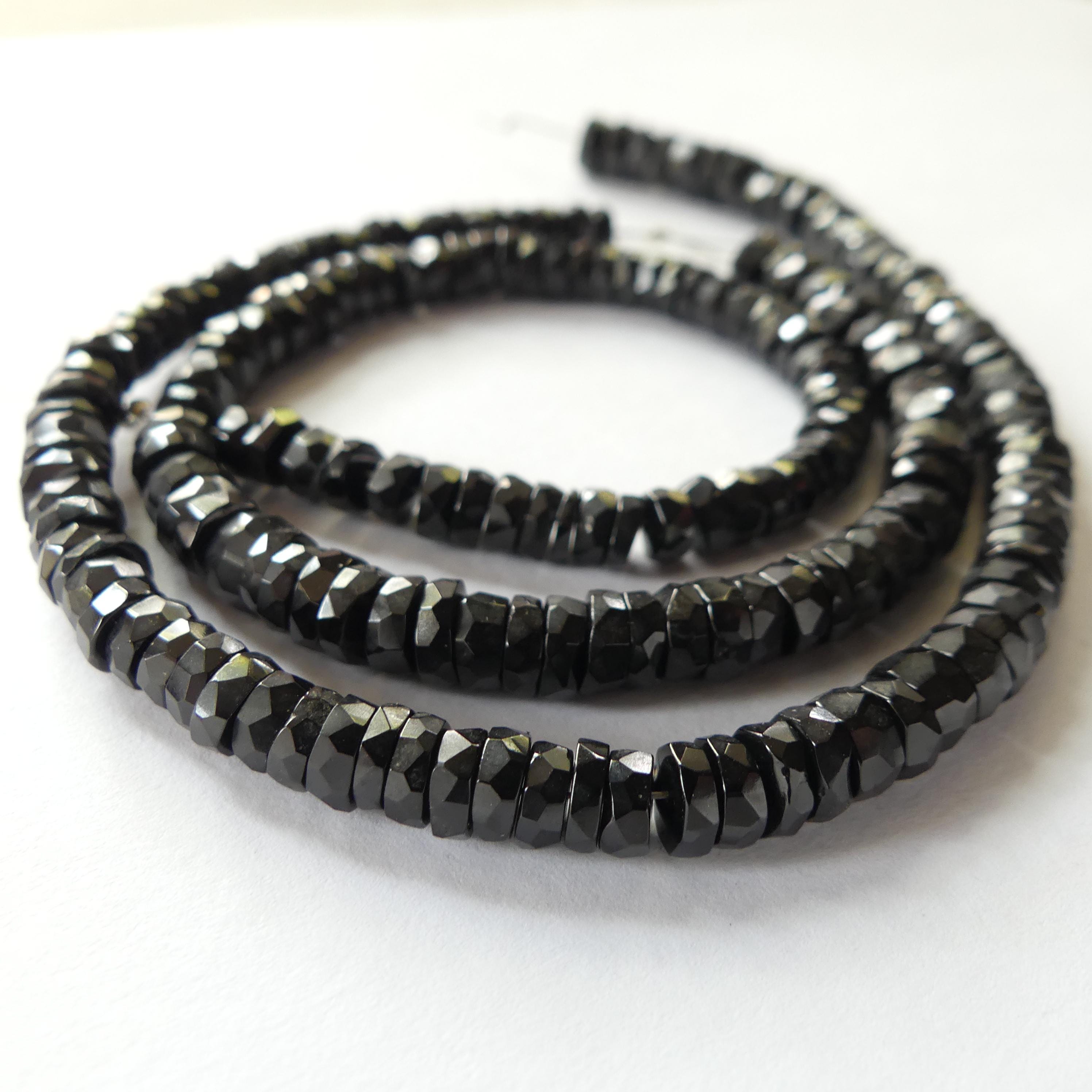 5mm 6mm Black Spinel Faceted Heishi Beads 8" Sparkly Black Spinel Tyre Beads Crystal Genuine Gemstone Beads for Jewelry Making
