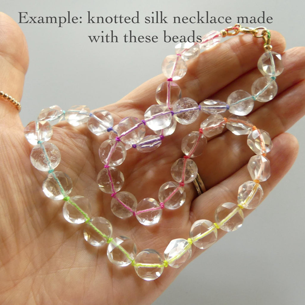 10mm Rock Quartz Faceted Coin Beads Clear Crystal Quartz Genuine Gemstone Beads Silk Knotted Jewelry Making Craft Gift April Birthstone