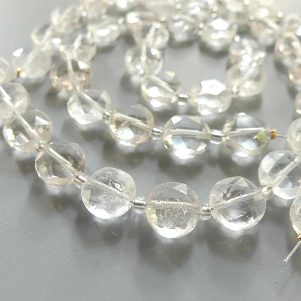 10mm Rock Quartz Faceted Coin Beads Clear Crystal Quartz Genuine Gemstone Beads Silk Knotted Jewelry Making Craft Gift April Birthstone