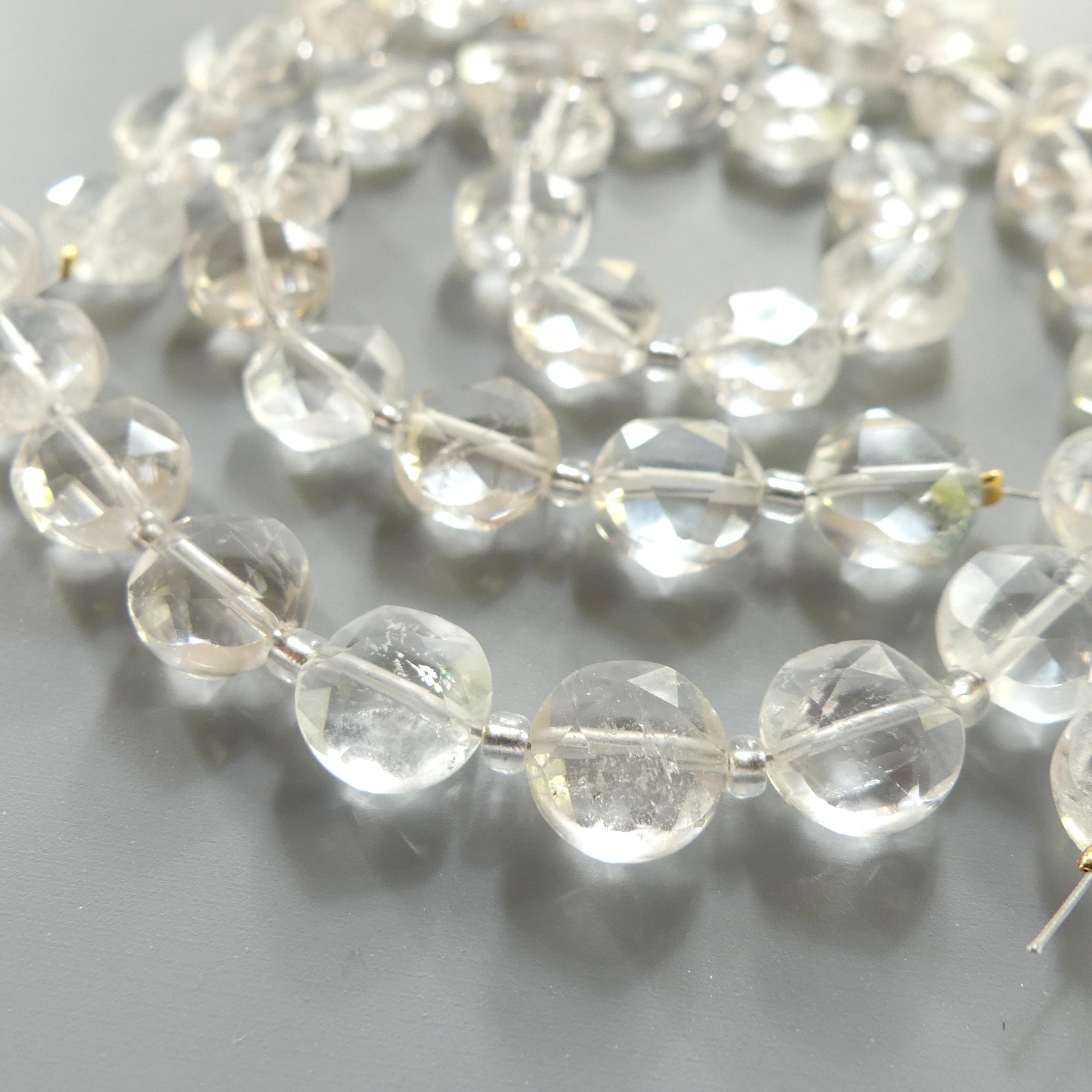 10mm Rock Quartz Faceted Coin Beads Clear Crystal Quartz Genuine Gemstone Beads Silk Knotted Jewelry Making Craft Gift April Birthstone