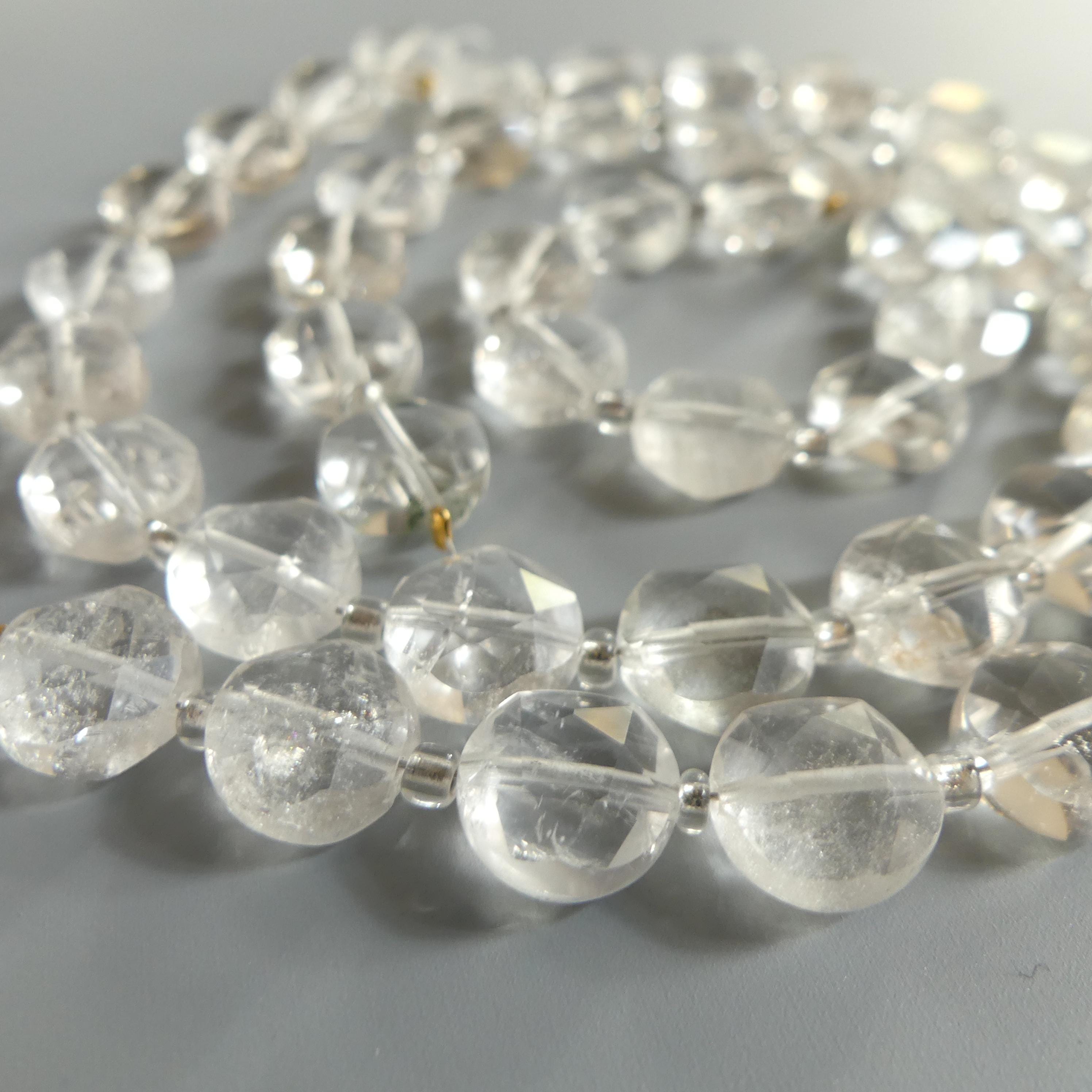 10mm Rock Quartz Faceted Coin Beads Clear Crystal Quartz Genuine Gemstone Beads Silk Knotted Jewelry Making Craft Gift April Birthstone