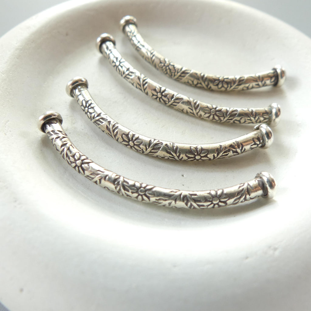 1 Piece Thai Silver Curved Tube Bead Silver Bar Flower Stamp Jewelry Making DIY Necklace