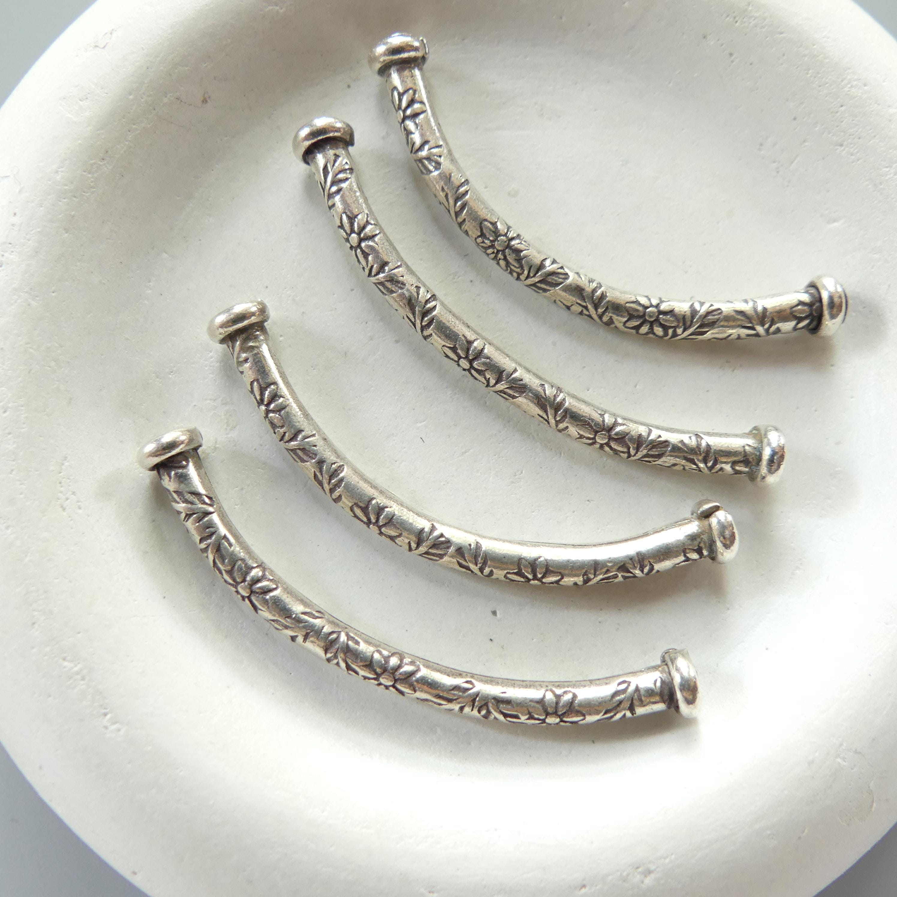 1 Piece Thai Silver Curved Tube Bead Silver Bar Flower Stamp Jewelry Making DIY Necklace