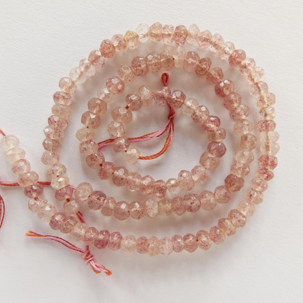 4mm Pink Strawberry Quartz Hand Faceted Rondel Beads Genuine Quartz Beads 7" Sparkly Gemstone Beads for Jewelry Making DIY