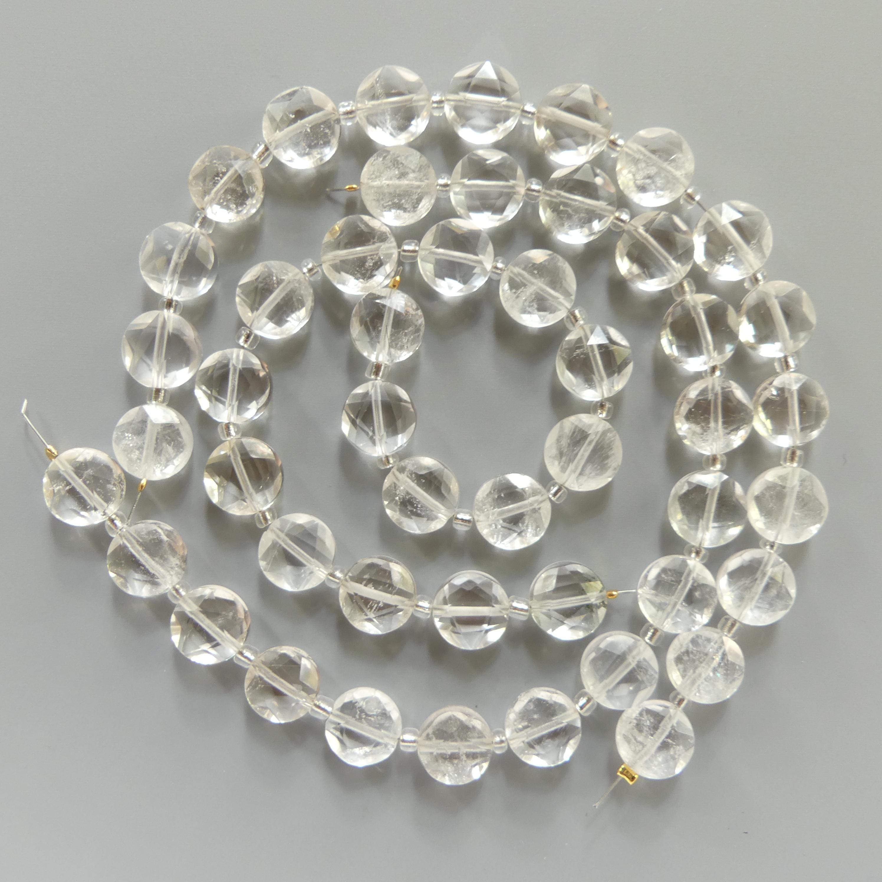 10mm Rock Quartz Faceted Coin Beads Clear Crystal Quartz Genuine Gemstone Beads Silk Knotted Jewelry Making Craft Gift April Birthstone