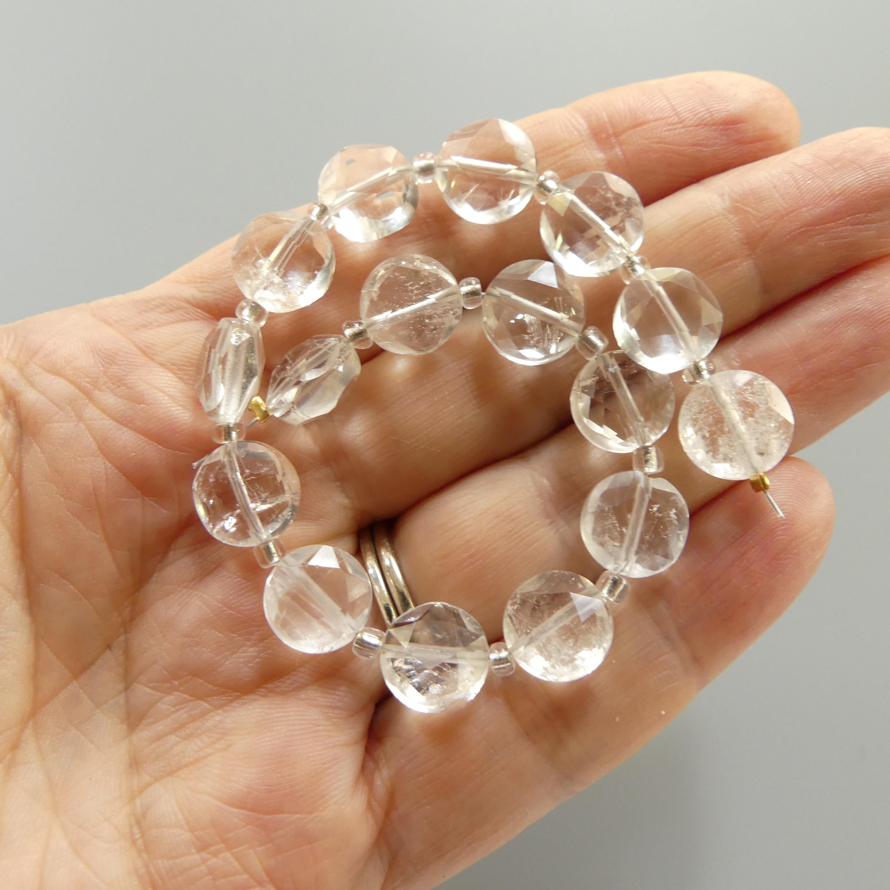 10mm Rock Quartz Faceted Coin Beads Clear Crystal Quartz Genuine Gemstone Beads Silk Knotted Jewelry Making Craft Gift April Birthstone