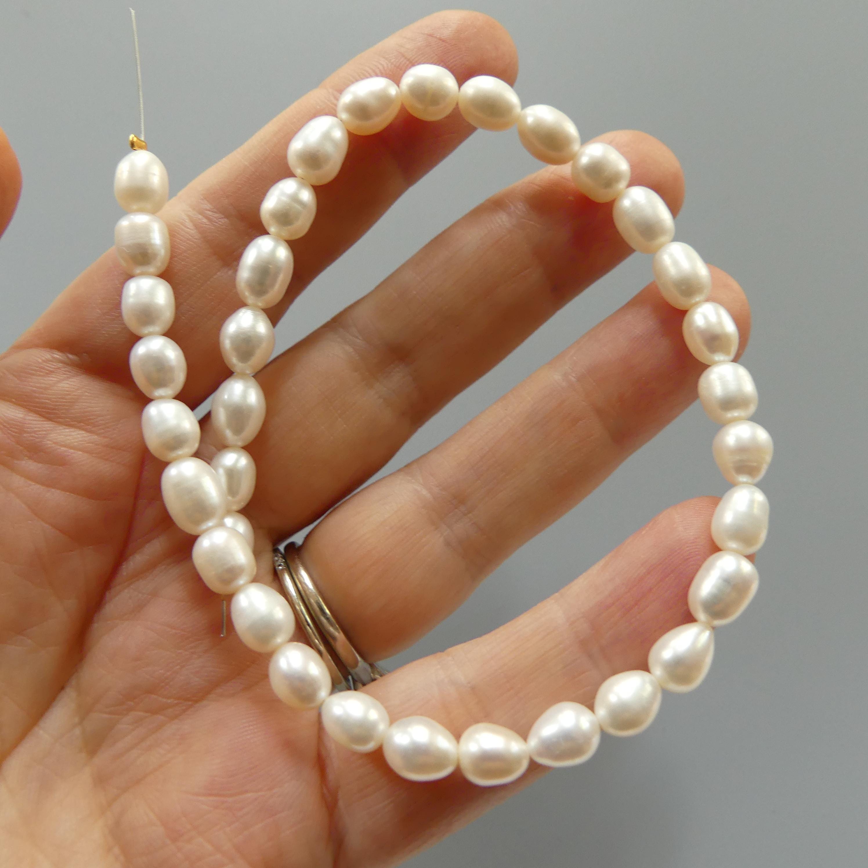 6mm Freshwater Pearl Beads Rice Shape Pearls White Baroque 9.5" Beads Beading Crafter Gift June Birthstone DIY Jewelry
