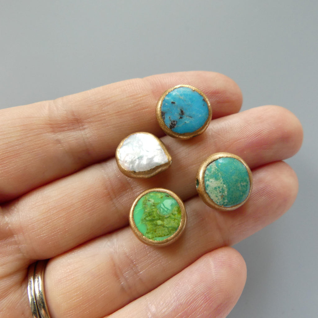 1 Piece Copper Wrapped Turquoise Coin Beads Green Blue Gemstone Beads Copper Wrapped Pearl Coin Beads Jewelry Making DIY Earrings Pendant