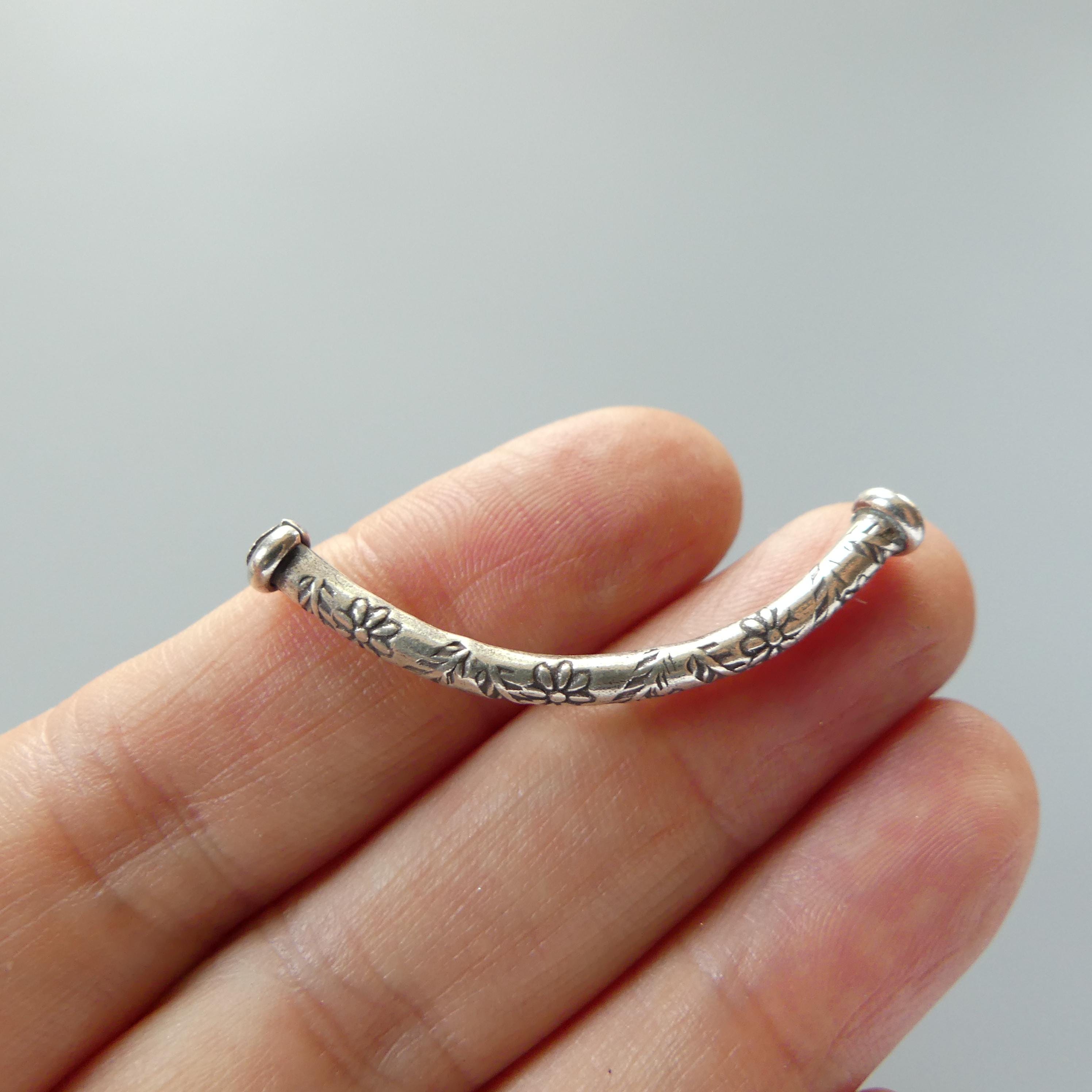 1 Piece Thai Silver Curved Tube Bead Silver Bar Flower Stamp Jewelry Making DIY Necklace