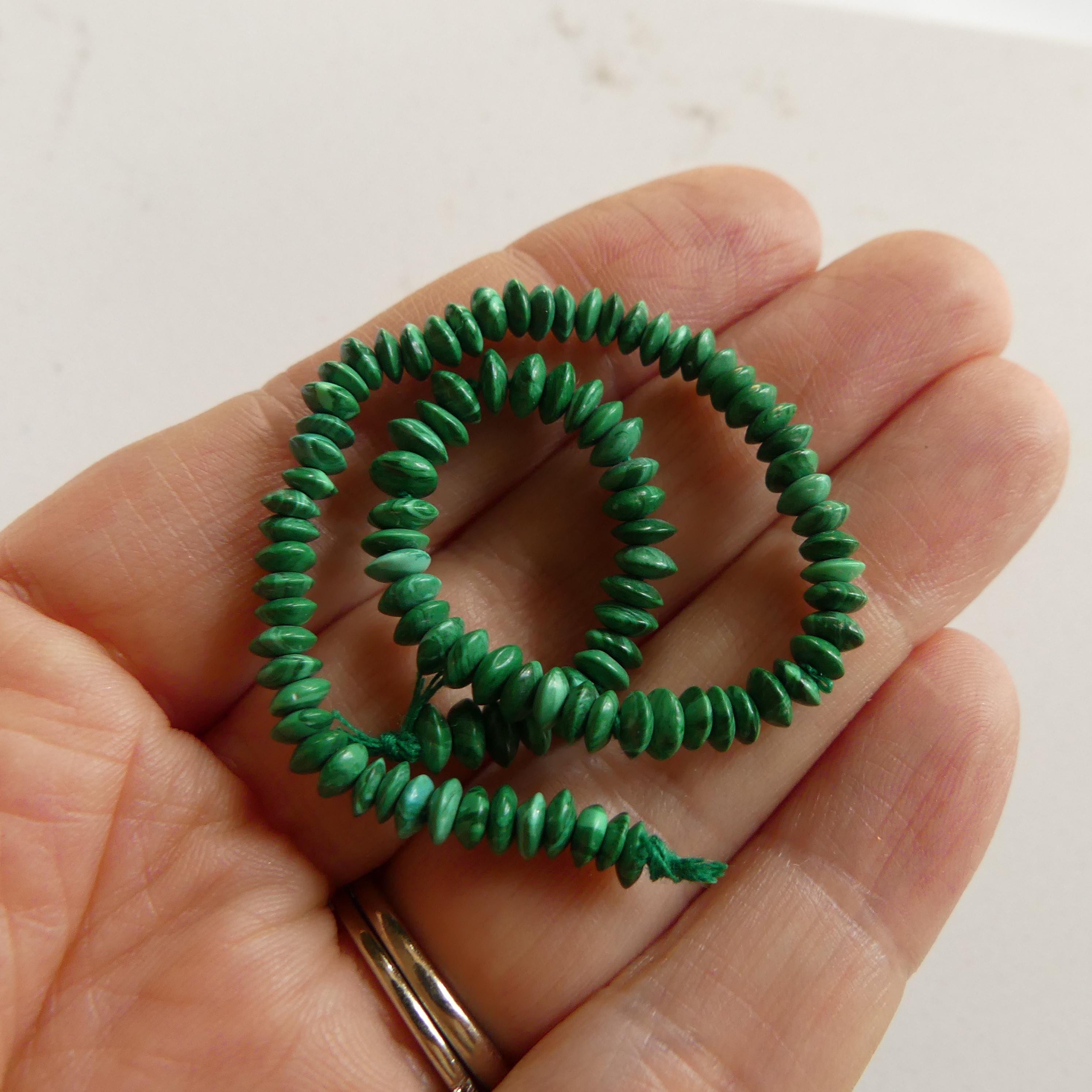 4mm Malachite Beads Rondelle German Cut 7" Strand Vivid Green Malachite Gemstone Beads for Jewelry Making Beading Gift Crafter DIT Earrings