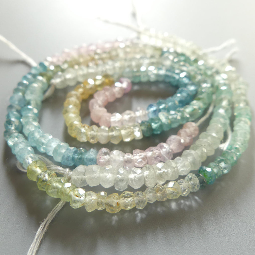 4mm Multi Aquamarine Beads Rondelle Hand Faceted 6.5" Natural Genuine Pastel Gemstone Beads Jewelry Making Craft Gift March Birthstone