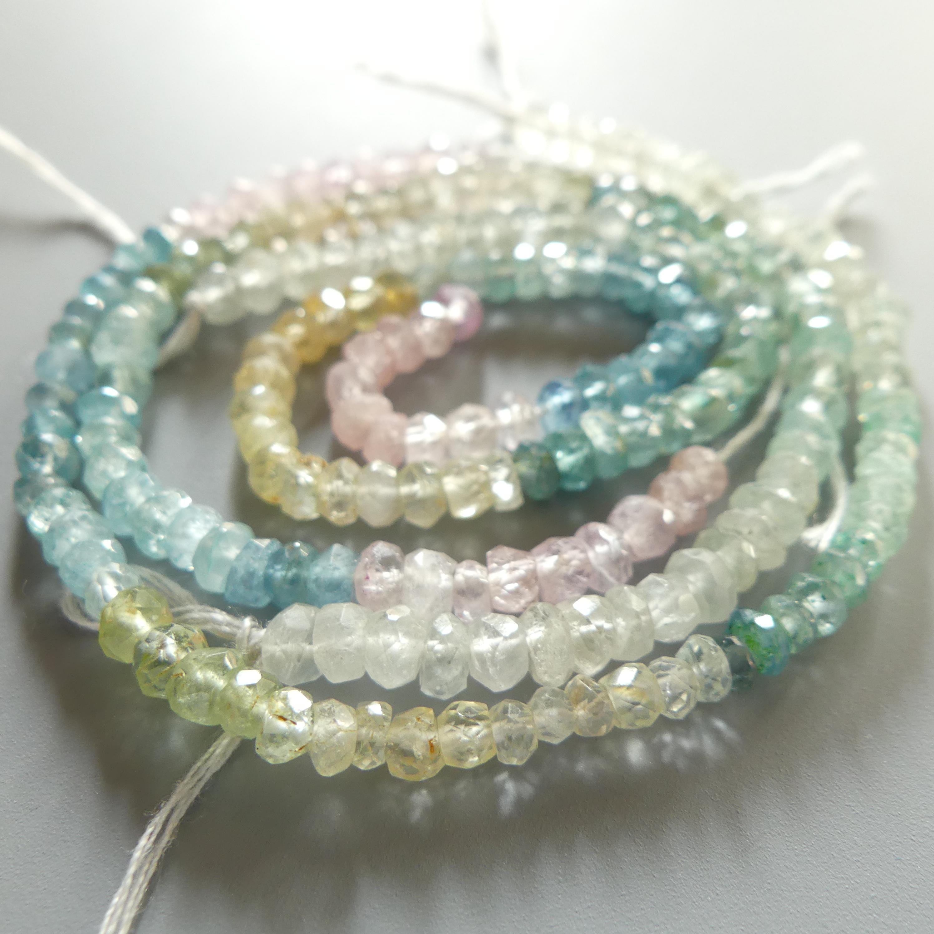 4mm Multi Aquamarine Beads Rondelle Hand Faceted 6.5" Natural Genuine Pastel Gemstone Beads Jewelry Making Craft Gift March Birthstone