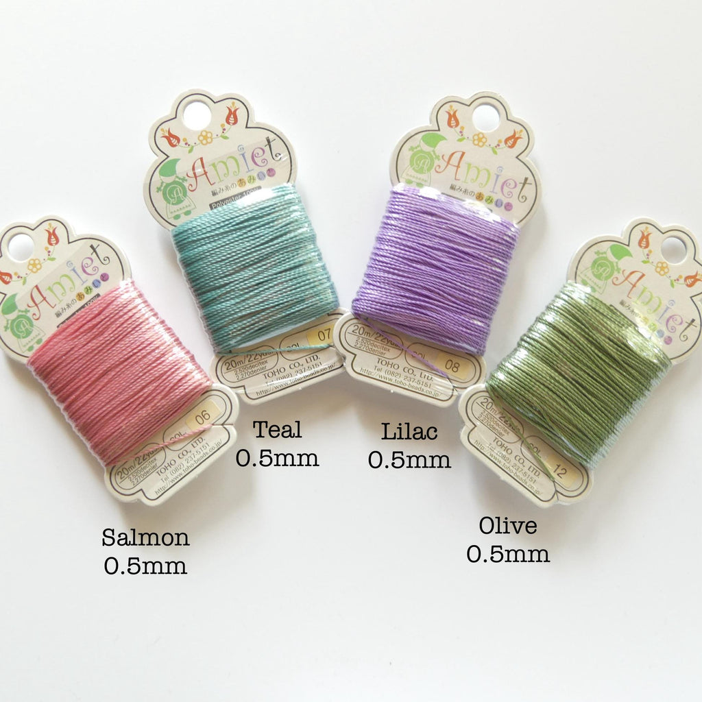 Toho Amiet Polyester Thread Beading Knotting DIY Jewelry, 0.5mm 20 meters Teal Green Brown Gray Lilac Pink Wax Free, Unwaxed