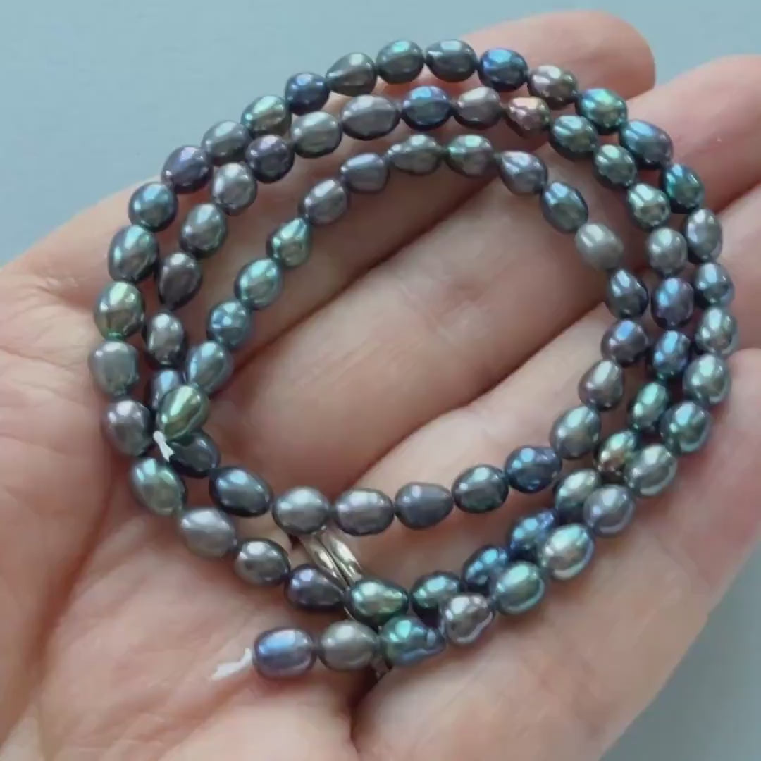 4mm Peacock Pearls Black Freshwater Pearl Beads Rice Shape Pearls 15" Beads Beading Crafter Gift June Birthstone DIY Jewelry