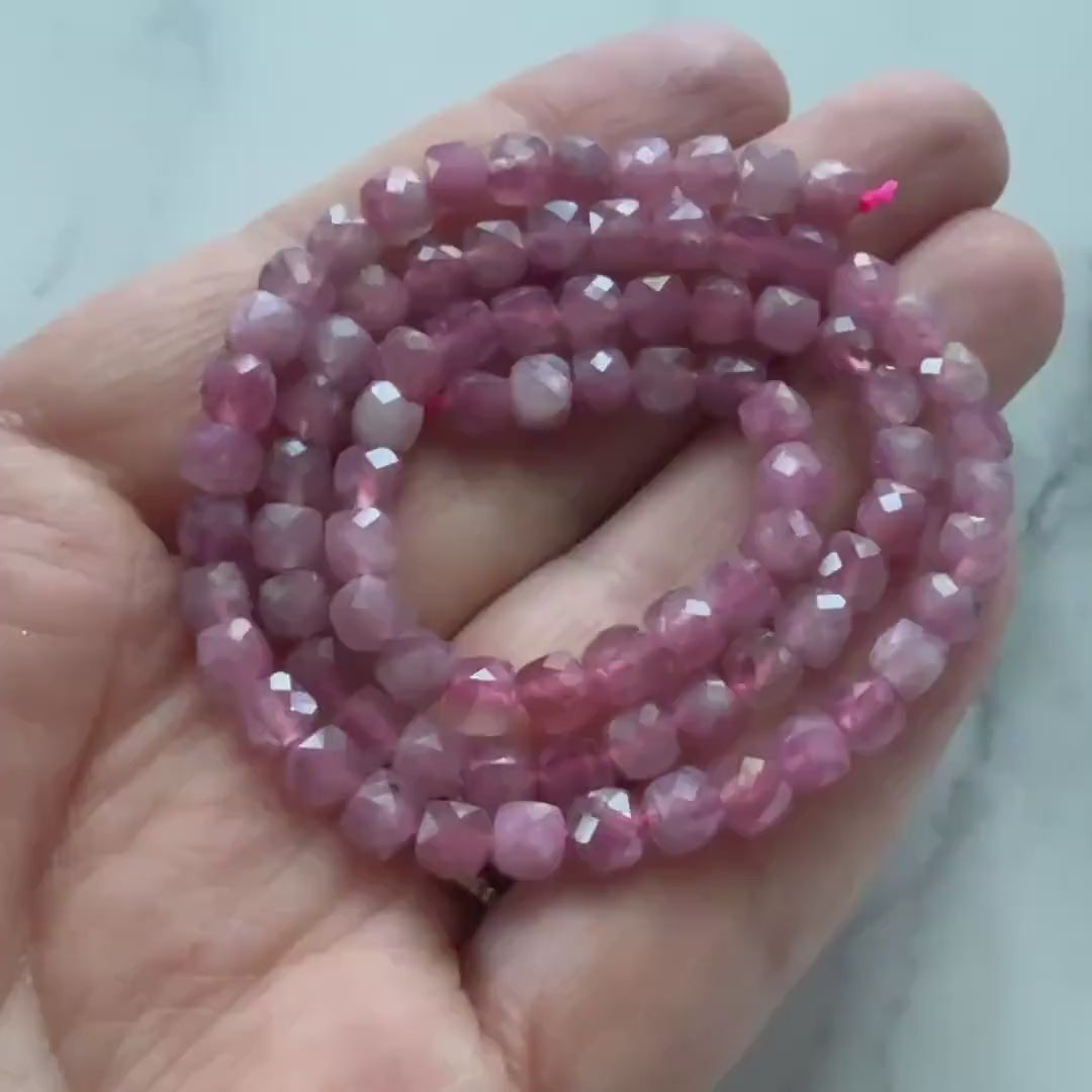 4mm Pink Tourmaline Cube Beads 15" Sparkly Gemstone Beads Pink Crystal for Jewelry Making Beading Gift October Birthstone
