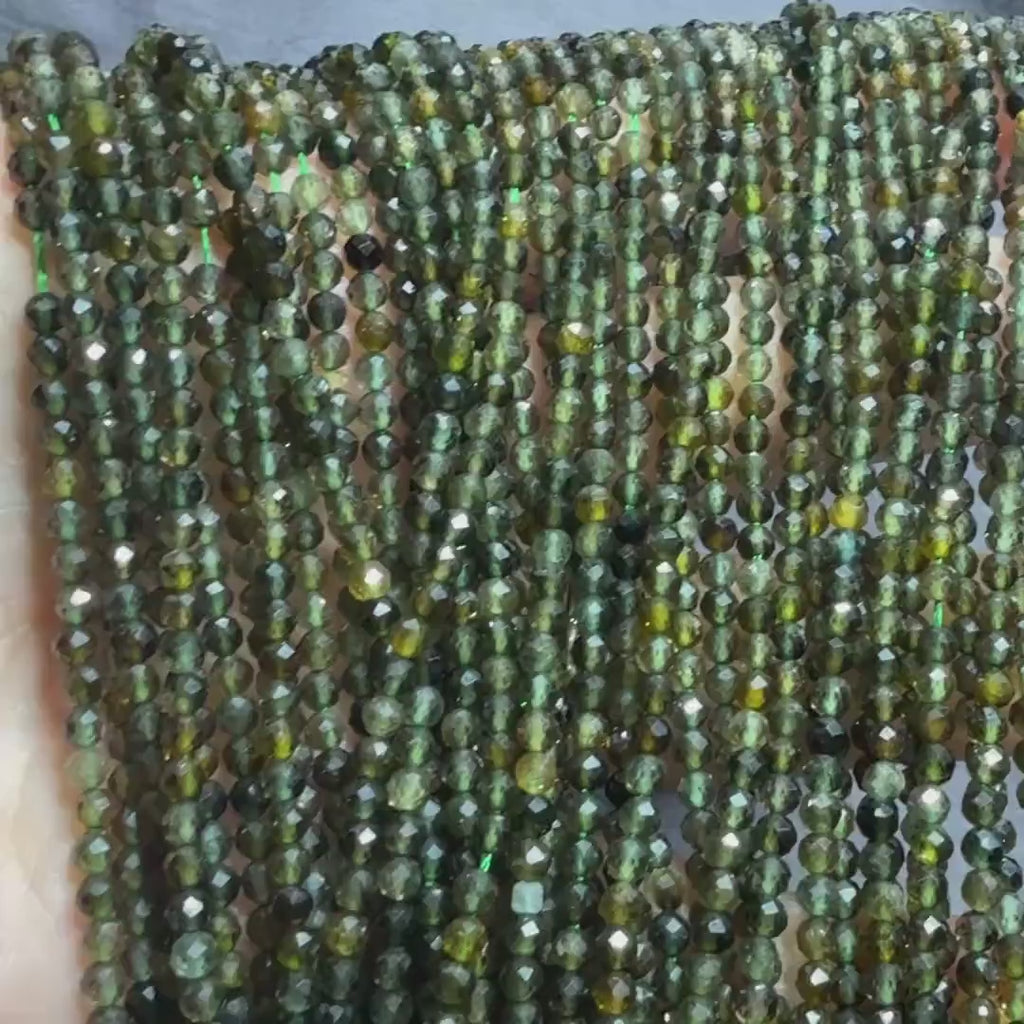 3mm Smoky Green Tourmaline Micro Faceted Beads 15" Green Sparkly Gemstone Beads for Jewelry Making Beading Gift Crafter October Birthstone