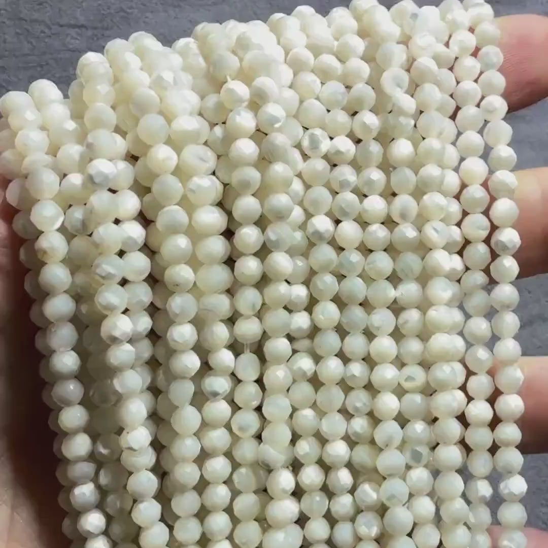 4mm Natural Mother of Pearl Beads Faceted MOP Genuine Shell Beads 15" Gemstone Jewelry Making Gift for crafter
