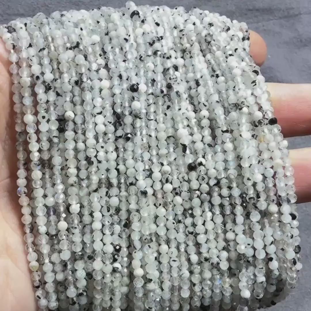 2.5mm Rainbow Moonstone Beads With Black Tourmaline 15" Micro Faceted Gemstone Beads Beading Crafter Gift June Birthstone DIY Jewelry